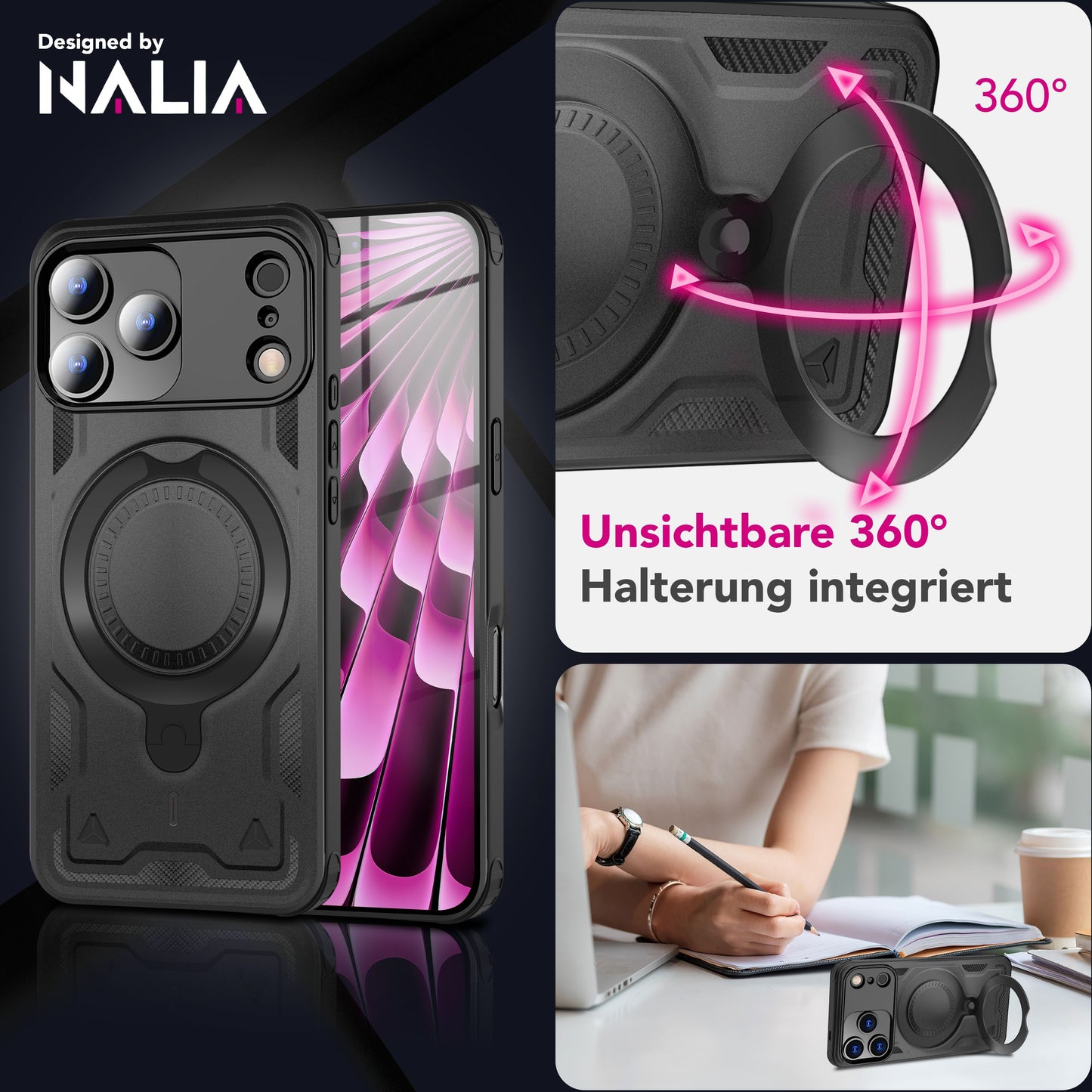 NALIA Magnetische Panzerhülle für iPhone 17 Pro Max – Ring-Halterung 360° & MagSafe kompatibel – STORMGUARD (Outdoor Case) – Marke aus Berlin