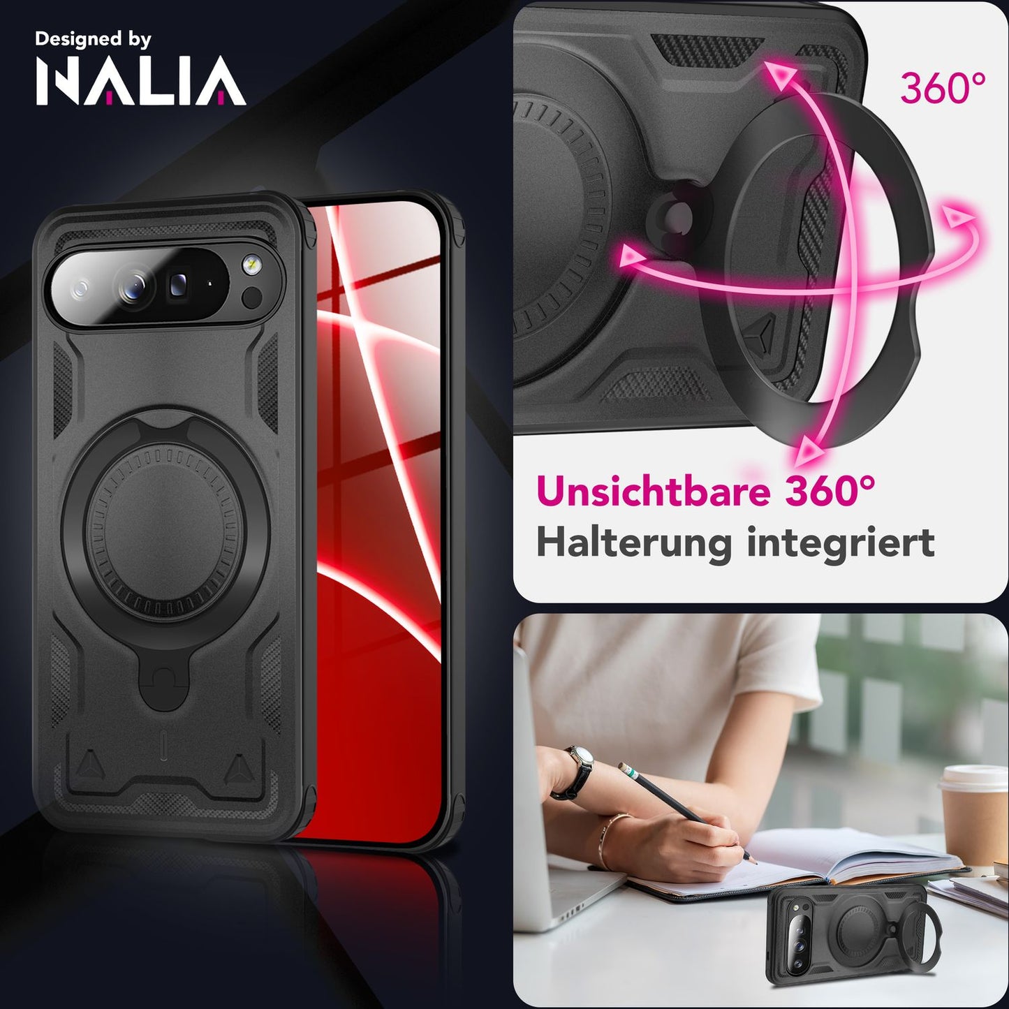 NALIA Magnetische Panzerhülle für Google Pixel 10 Pro – Ring-Halterung 360° & MagSafe kompatibel – STORMGUARD (Outdoor Case) – Marke aus Berlin