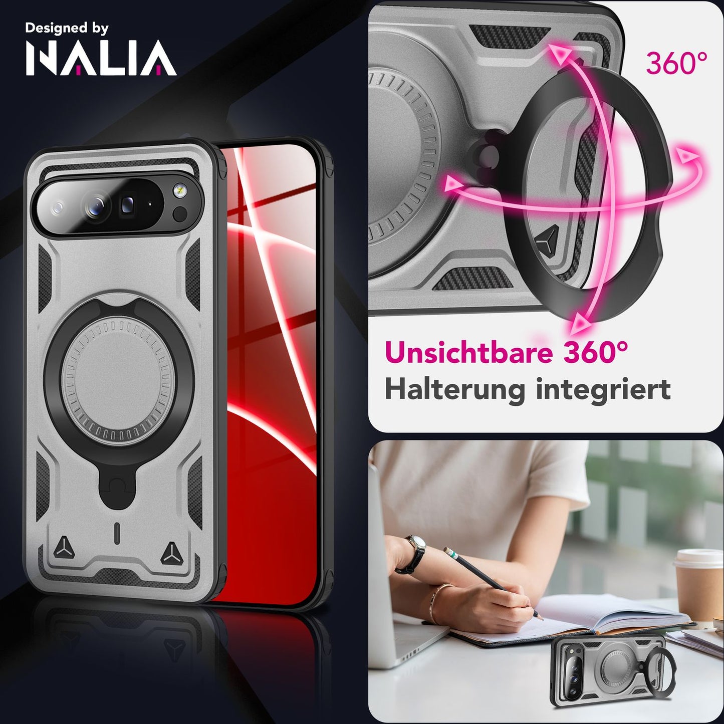NALIA Magnetische Panzerhülle für Google Pixel 10 Pro – Ring-Halterung 360° & MagSafe kompatibel – STORMGUARD (Outdoor Case) – Marke aus Berlin