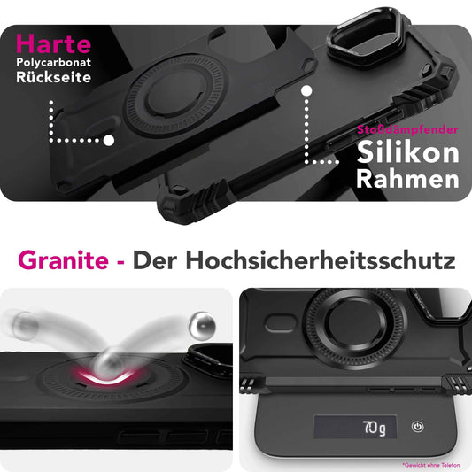 NALIA Magnetische Panzerhülle für iPhone 17 – MagSafe kompatibel & Kamera-Stand – GRANITE (Outdoor Schutzhülle Stoßfest) – Marke aus Berlin