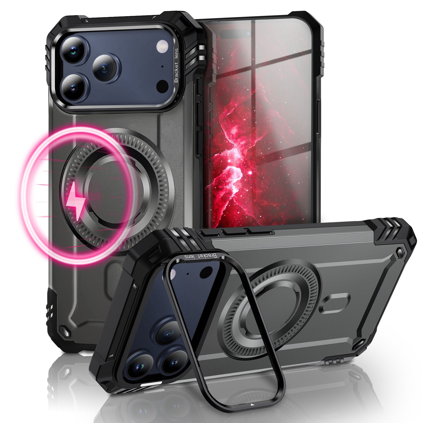 NALIA Magnetische Panzerhülle für iPhone 17 Pro – MagSafe kompatibel & Kamera-Stand – GRANITE (Outdoor Schutzhülle Stoßfest) – Marke aus Berlin