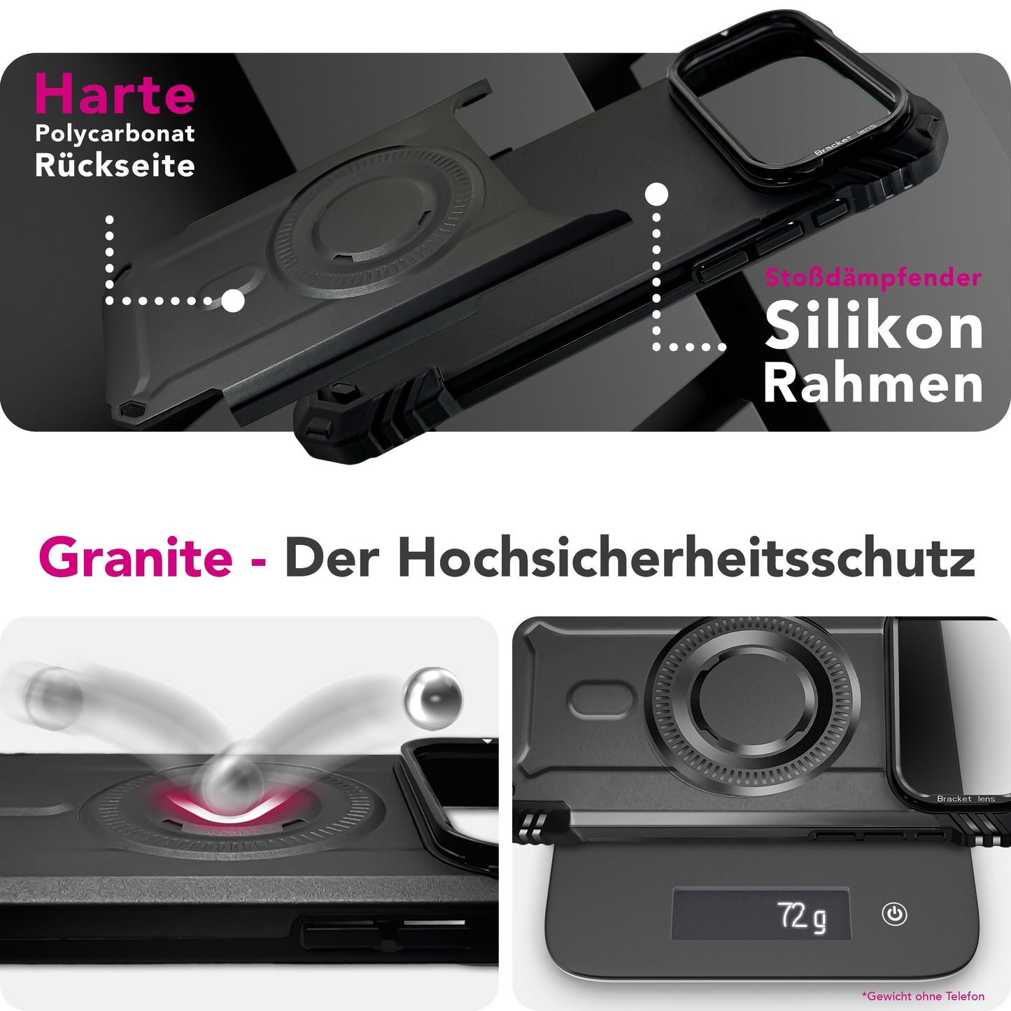 NALIA Magnetische Panzerhülle für iPhone 17 Pro – MagSafe kompatibel & Kamera-Stand – GRANITE (Outdoor Schutzhülle Stoßfest) – Marke aus Berlin