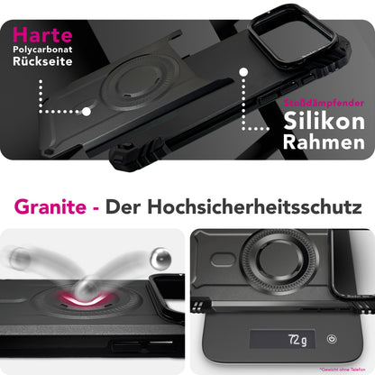 NALIA Magnetische Panzerhülle für iPhone 17 Pro – MagSafe kompatibel & Kamera-Stand – GRANITE (Outdoor Schutzhülle Stoßfest) – Marke aus Berlin