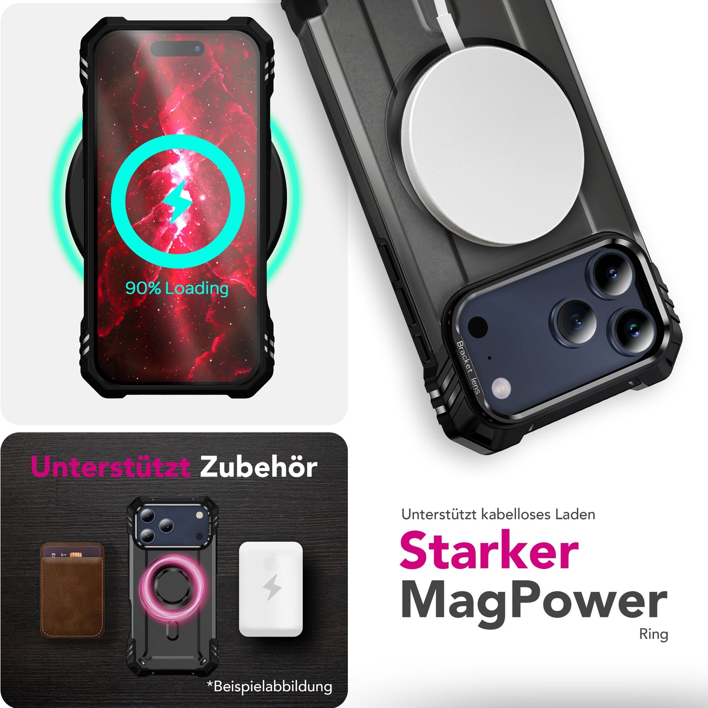 NALIA Magnetische Panzerhülle für iPhone 17 Pro – MagSafe kompatibel & Kamera-Stand – GRANITE (Outdoor Schutzhülle Stoßfest) – Marke aus Berlin