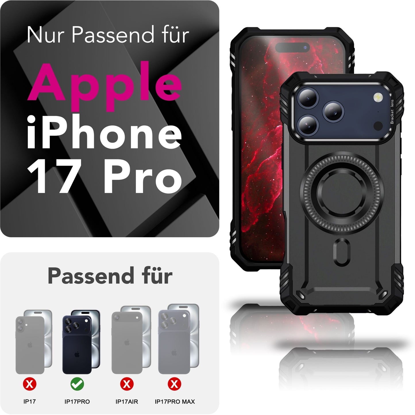 NALIA Magnetische Panzerhülle für iPhone 17 Pro – MagSafe kompatibel & Kamera-Stand – GRANITE (Outdoor Schutzhülle Stoßfest) – Marke aus Berlin