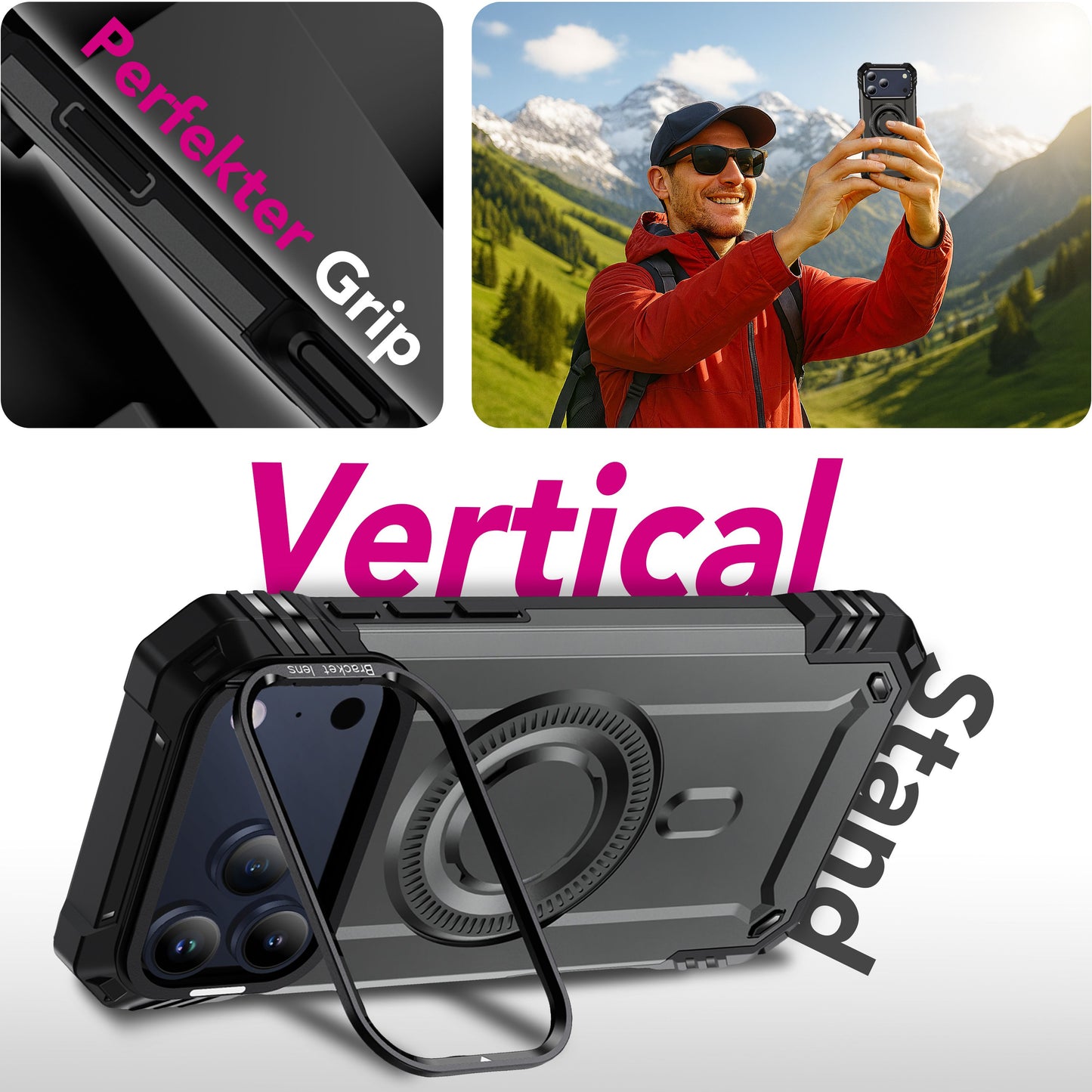 NALIA Magnetische Panzerhülle für iPhone 17 Pro – MagSafe kompatibel & Kamera-Stand – GRANITE (Outdoor Schutzhülle Stoßfest) – Marke aus Berlin