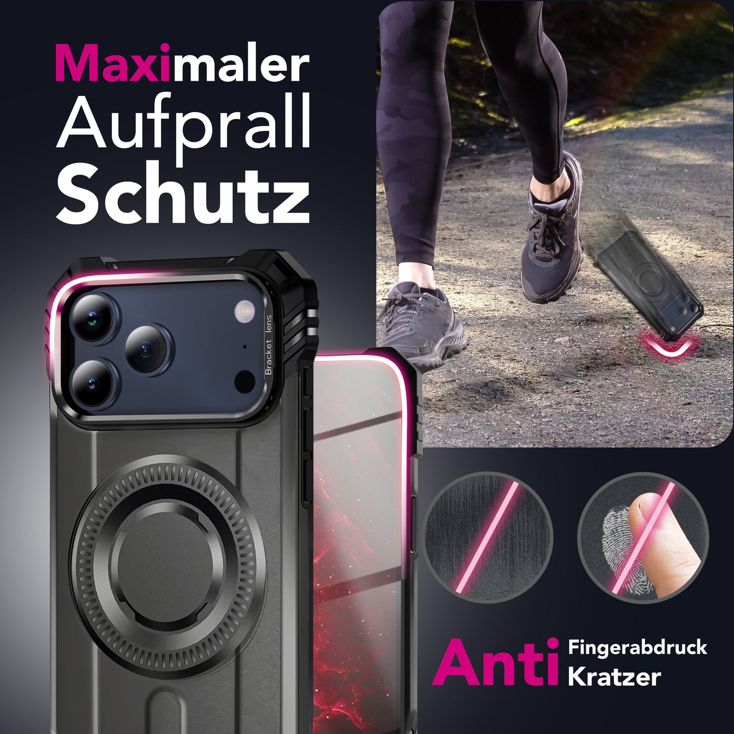 NALIA Magnetische Panzerhülle für iPhone 17 Pro – MagSafe kompatibel & Kamera-Stand – GRANITE (Outdoor Schutzhülle Stoßfest) – Marke aus Berlin