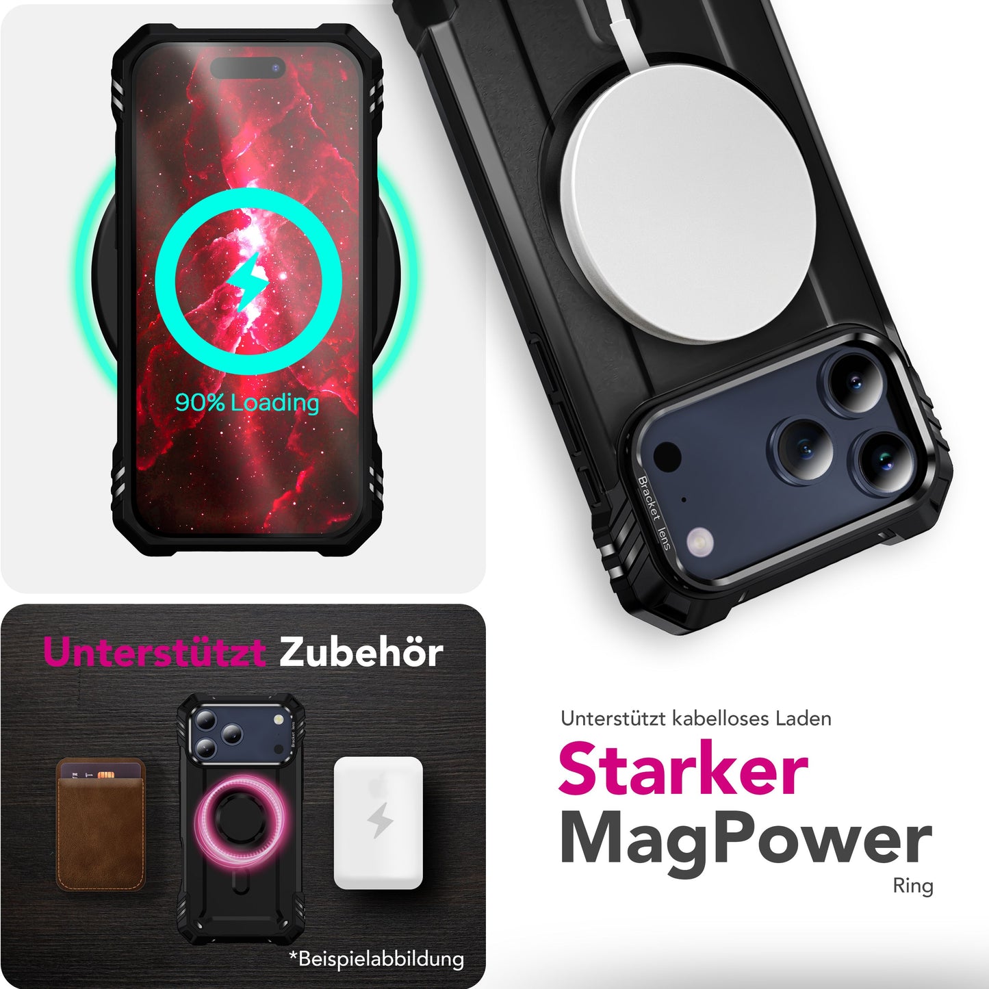 NALIA Magnetische Panzerhülle für iPhone 17 Pro – MagSafe kompatibel & Kamera-Stand – GRANITE (Outdoor Schutzhülle Stoßfest) – Marke aus Berlin