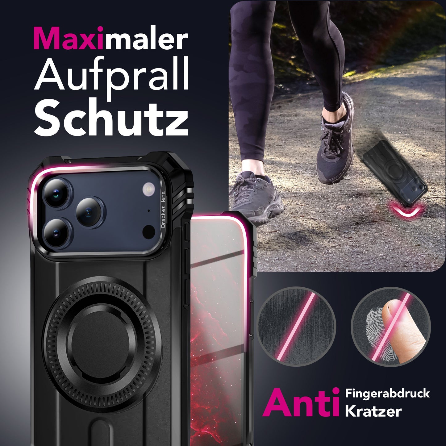 NALIA Magnetische Panzerhülle für iPhone 17 Pro – MagSafe kompatibel & Kamera-Stand – GRANITE (Outdoor Schutzhülle Stoßfest) – Marke aus Berlin
