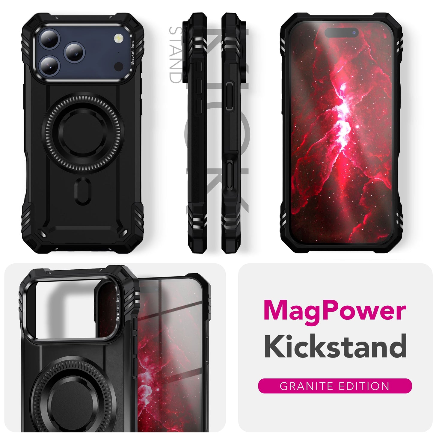 NALIA Magnetische Panzerhülle für iPhone 17 Pro – MagSafe kompatibel & Kamera-Stand – GRANITE (Outdoor Schutzhülle Stoßfest) – Marke aus Berlin