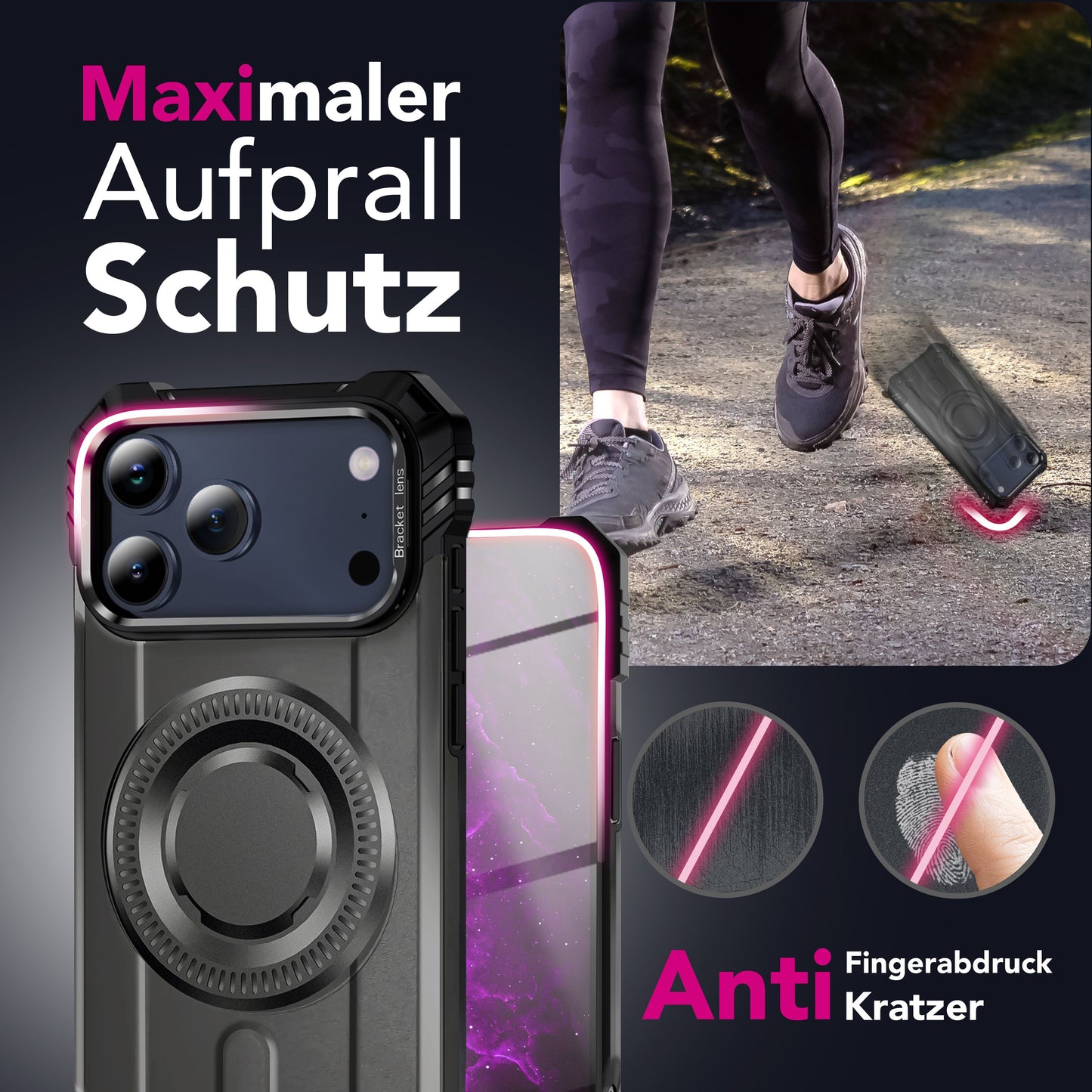 NALIA Magnetische Panzerhülle für iPhone 17 Pro Max – MagSafe kompatibel & Kamera-Stand – GRANITE (Outdoor Schutzhülle Stoßfest) – Marke aus Berlin