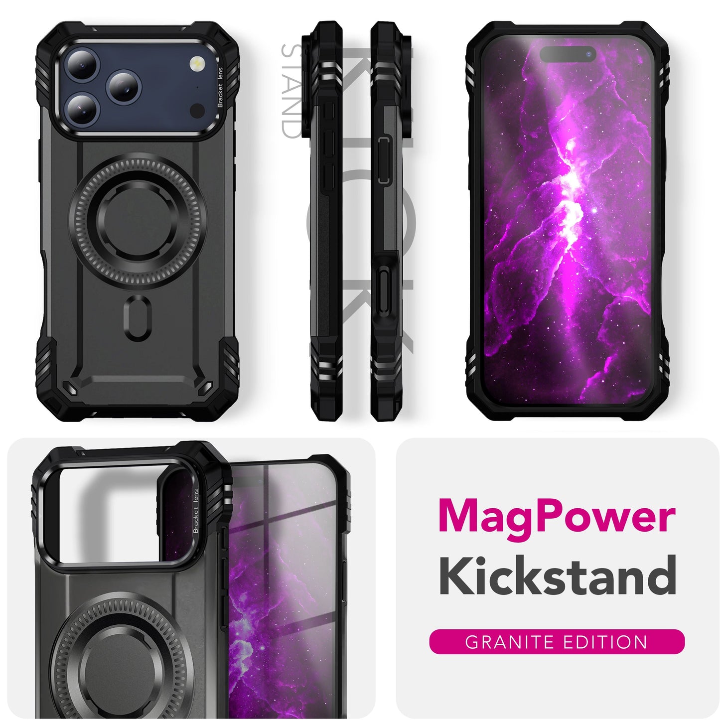 NALIA Magnetische Panzerhülle für iPhone 17 Pro Max – MagSafe kompatibel & Kamera-Stand – GRANITE (Outdoor Schutzhülle Stoßfest) – Marke aus Berlin
