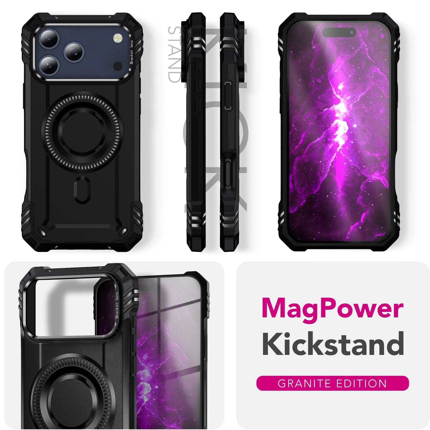 NALIA Magnetische Panzerhülle für iPhone 17 Pro Max – MagSafe kompatibel & Kamera-Stand – GRANITE (Outdoor Schutzhülle Stoßfest) – Marke aus Berlin