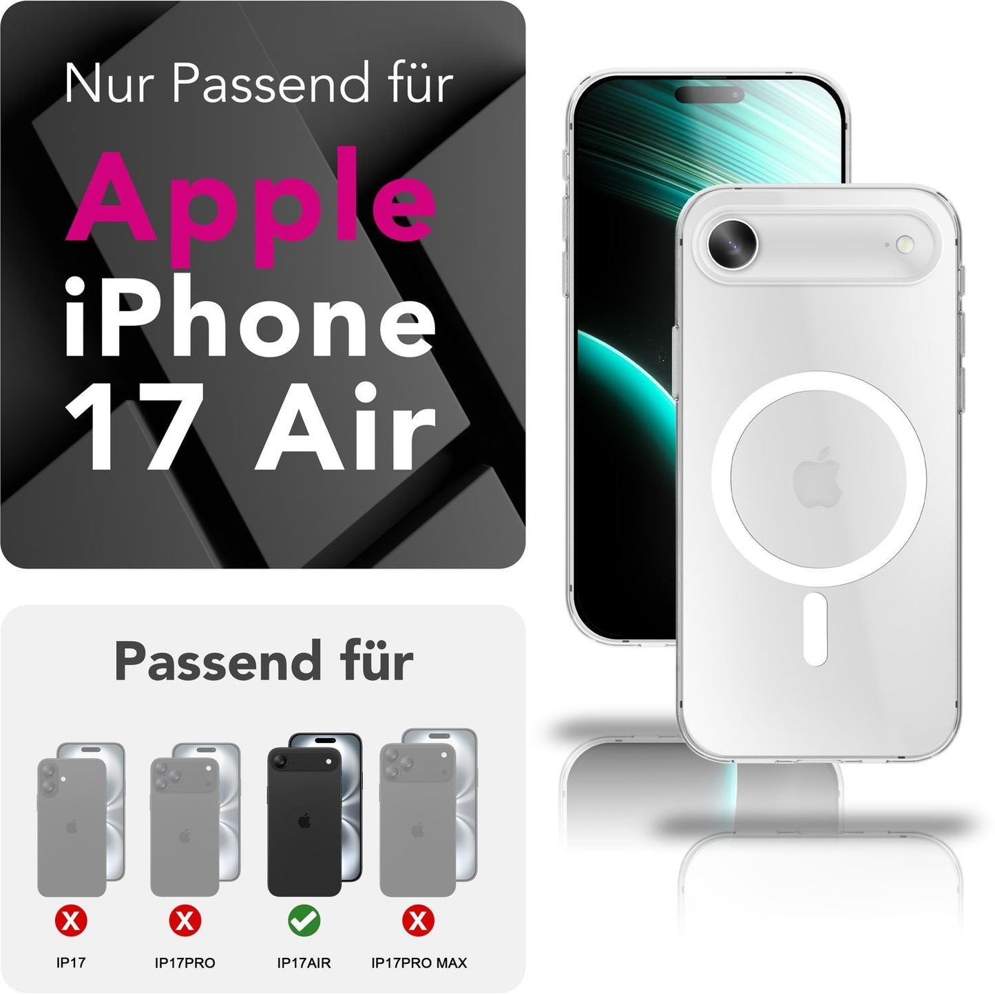 NALIA Transparentes Magnet Case für iPhone 17 Air – MagPower System (MagSafe kompatibel) – LUMEX (Edle Glas-Optik, aber unzerbrechlich) – Marke aus Berlin
