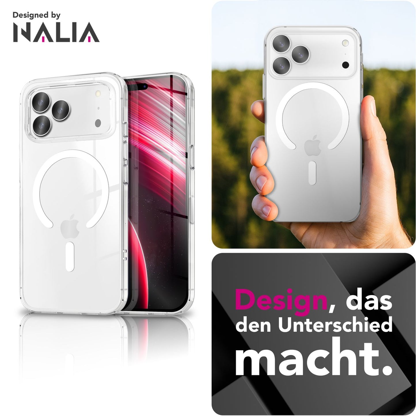 NALIA Transparentes Magnet Case für iPhone 17 Pro – MagPower System (MagSafe kompatibel) – LUMEX (Edle Glas-Optik, aber unzerbrechlich) – Marke aus Berlin