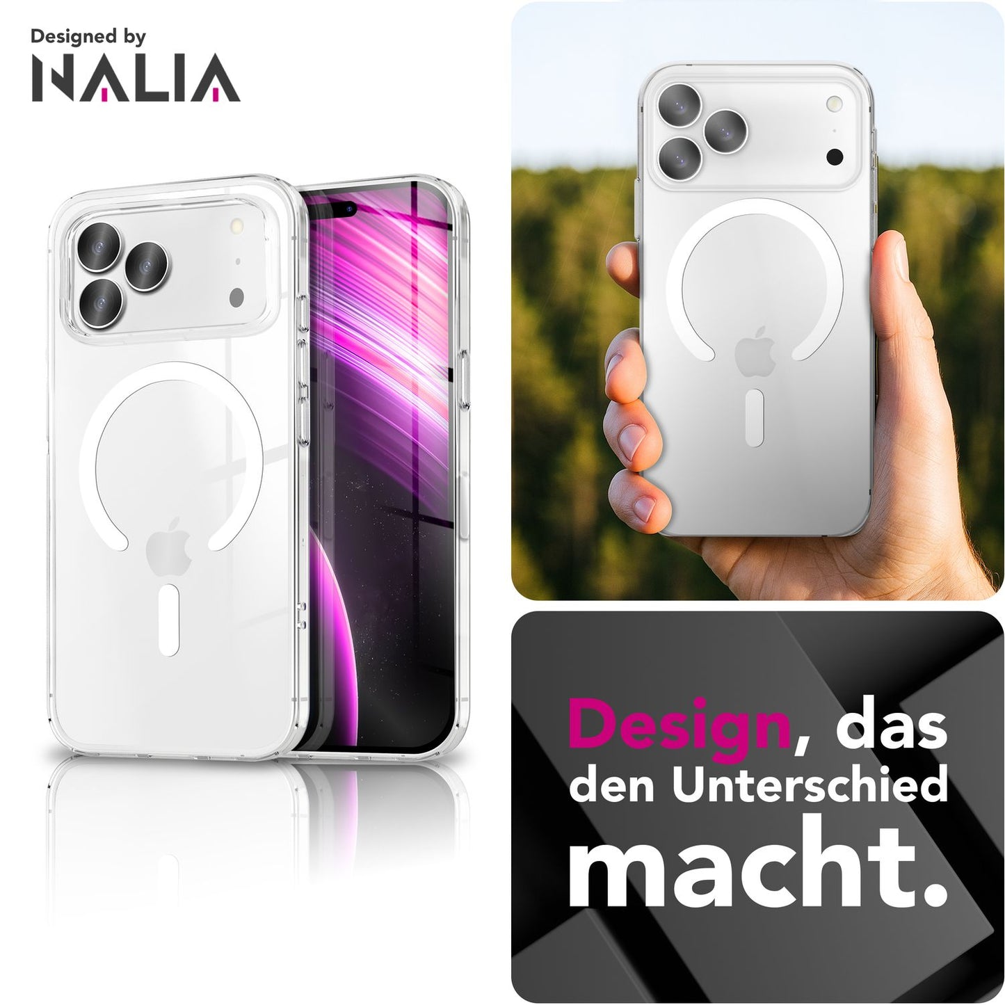 NALIA Transparentes Magnet Case für iPhone 17 Pro Max – MagPower System (MagSafe kompatibel) – LUMEX (Edle Glas-Optik, aber unzerbrechlich) – Marke aus Berlin