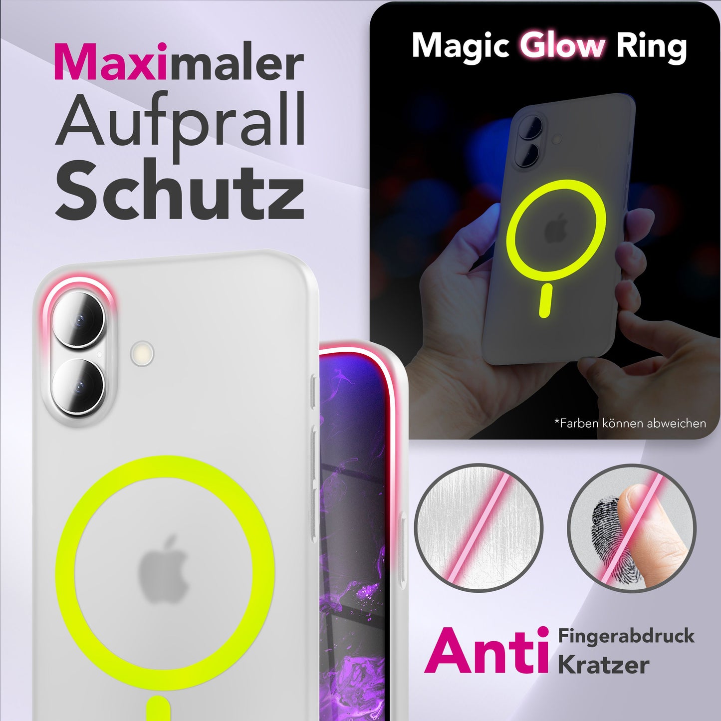 NALIA Ultra Slim Hardcase für iPhone 17 – MagSafe Kompatibel & Nachleuchtender Ring – THINIX GLOW (Matt-Transparent & 0,3mm Dünn) – Marke aus Berlin