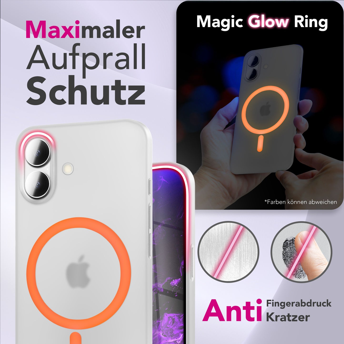 NALIA Ultra Slim Hardcase für iPhone 17 – MagSafe Kompatibel & Nachleuchtender Ring – THINIX GLOW (Matt-Transparent & 0,3mm Dünn) – Marke aus Berlin