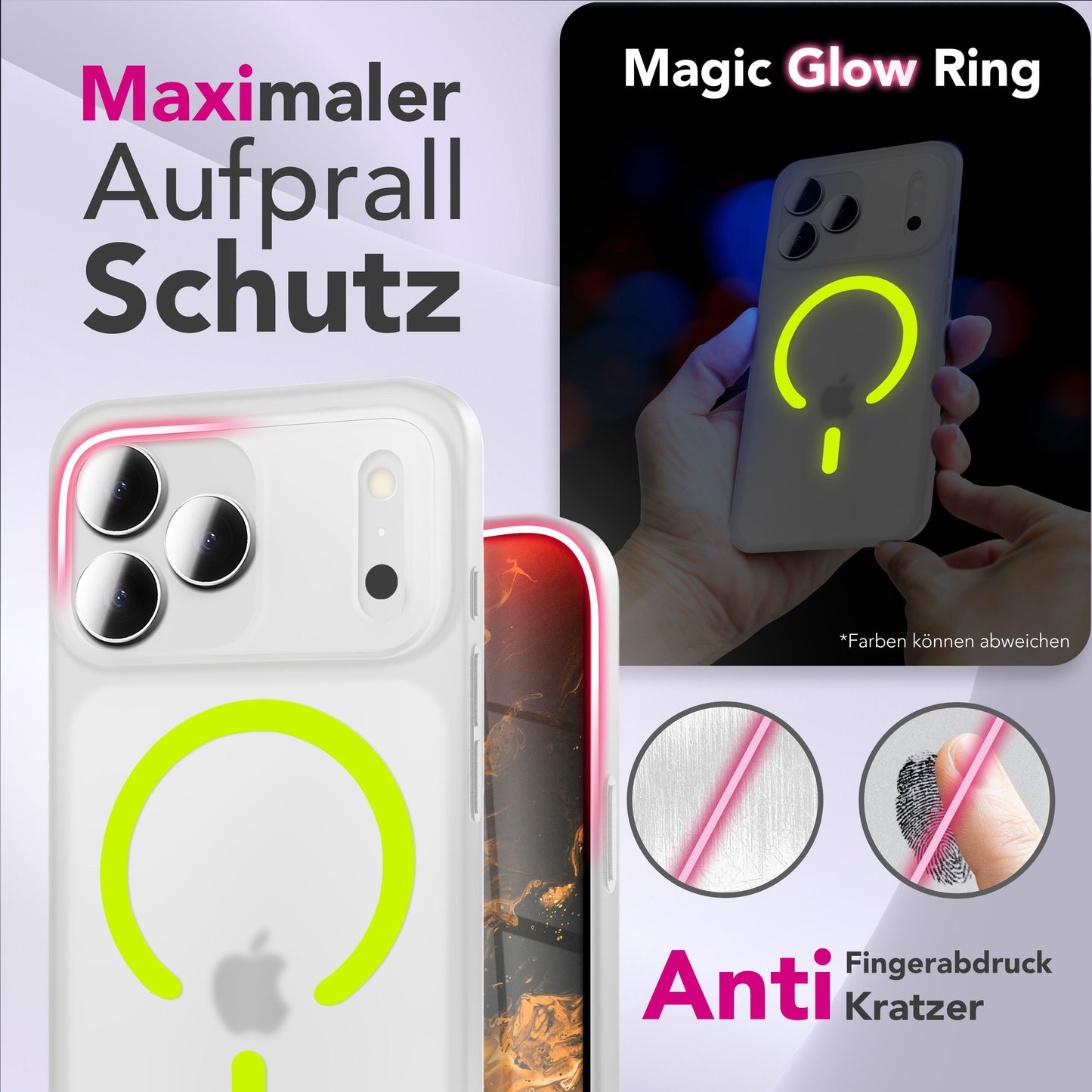 NALIA Ultra Slim Hardcase für iPhone 17 Pro – MagSafe Kompatibel & Nachleuchtender Ring – THINIX GLOW (Matt-Transparent & 0,3mm Dünn) – Marke aus Berlin