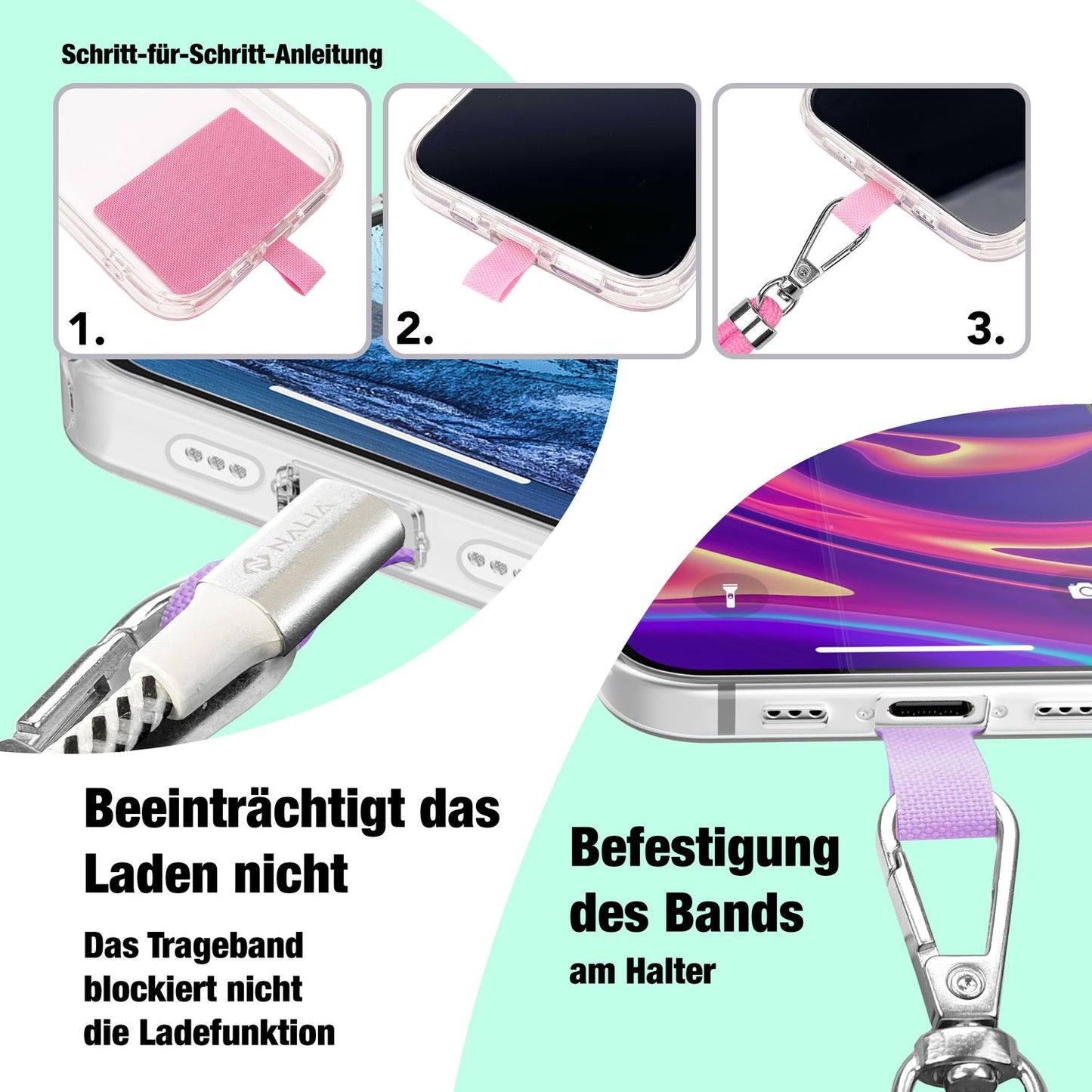 NALIA Universal Handykette für alle Smartphones – Robuste Kordel & 2 Patches – HOLDME AIR (Klassisches Lanyard mit Silbernem Karabiner) – Marke aus Berlin