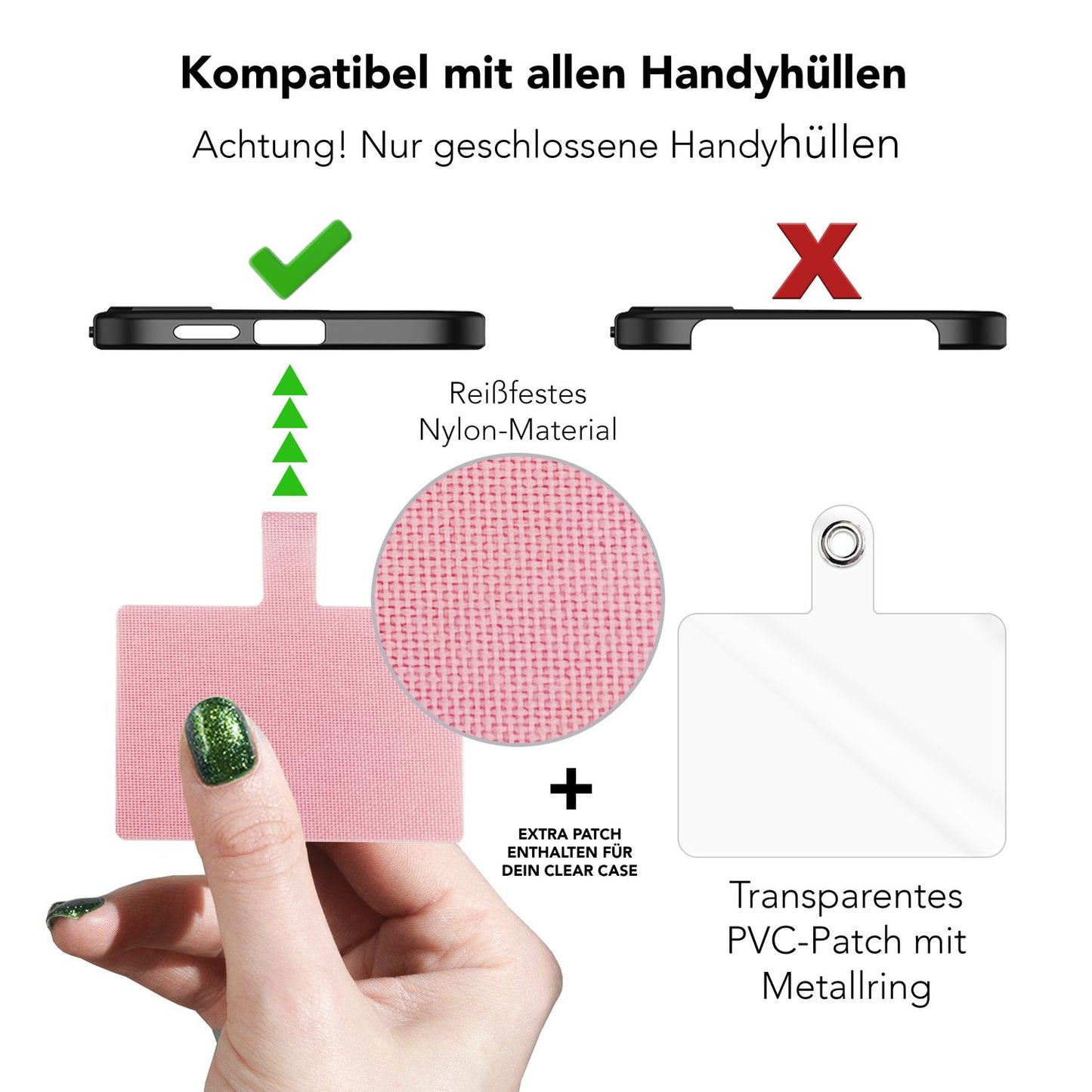 NALIA Universal Handykette für alle Smartphones – Robuste Kordel & 2 Patches – HOLDME AIR (Klassisches Lanyard mit Silbernem Karabiner) – Marke aus Berlin