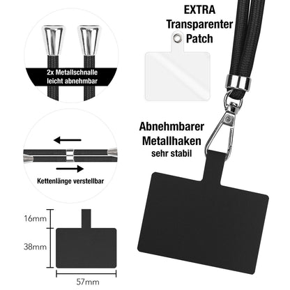 NALIA Universal Handykette für alle Smartphones – Robuste Kordel & 2 Patches – HOLDME AIR (Klassisches Lanyard mit Silbernem Karabiner) – Marke aus Berlin