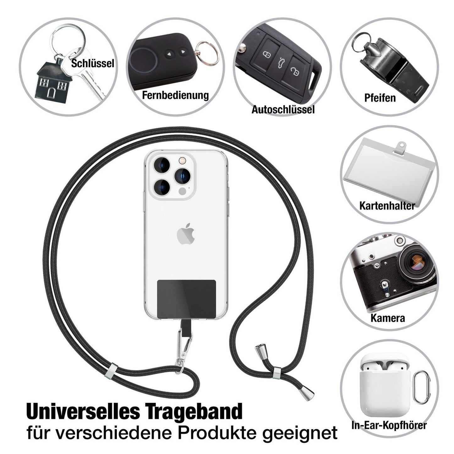 NALIA Universal Handykette für alle Smartphones – Robuste Kordel & 2 Patches – HOLDME AIR (Klassisches Lanyard mit Silbernem Karabiner) – Marke aus Berlin