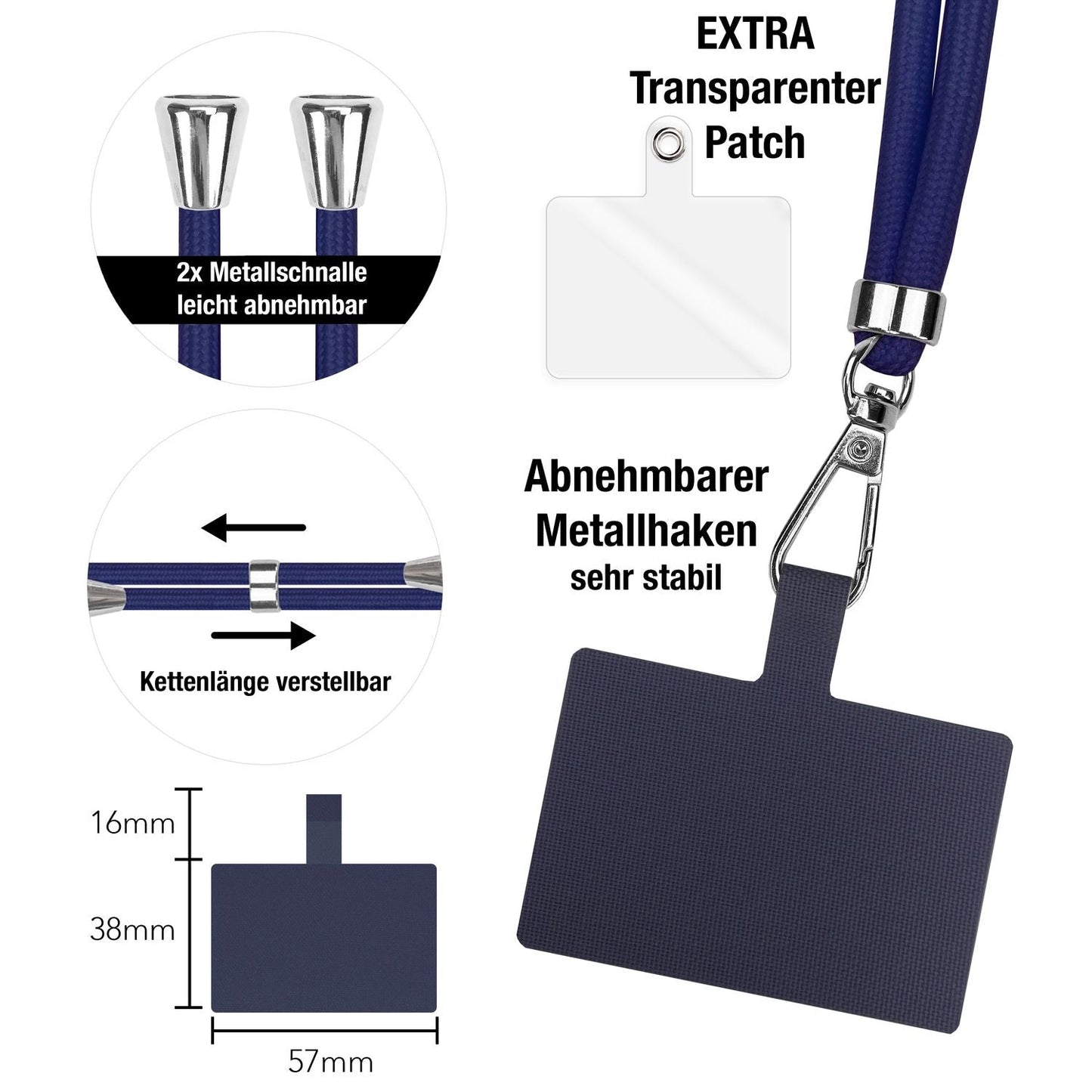 NALIA Universal Handykette für alle Smartphones – Robuste Kordel & 2 Patches – HOLDME AIR (Klassisches Lanyard mit Silbernem Karabiner) – Marke aus Berlin