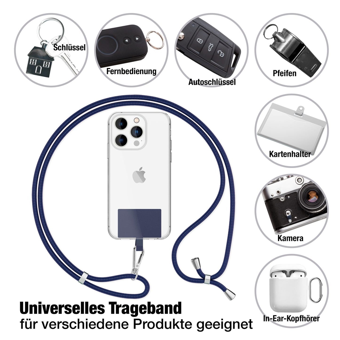 NALIA Universal Handykette für alle Smartphones – Robuste Kordel & 2 Patches – HOLDME AIR (Klassisches Lanyard mit Silbernem Karabiner) – Marke aus Berlin