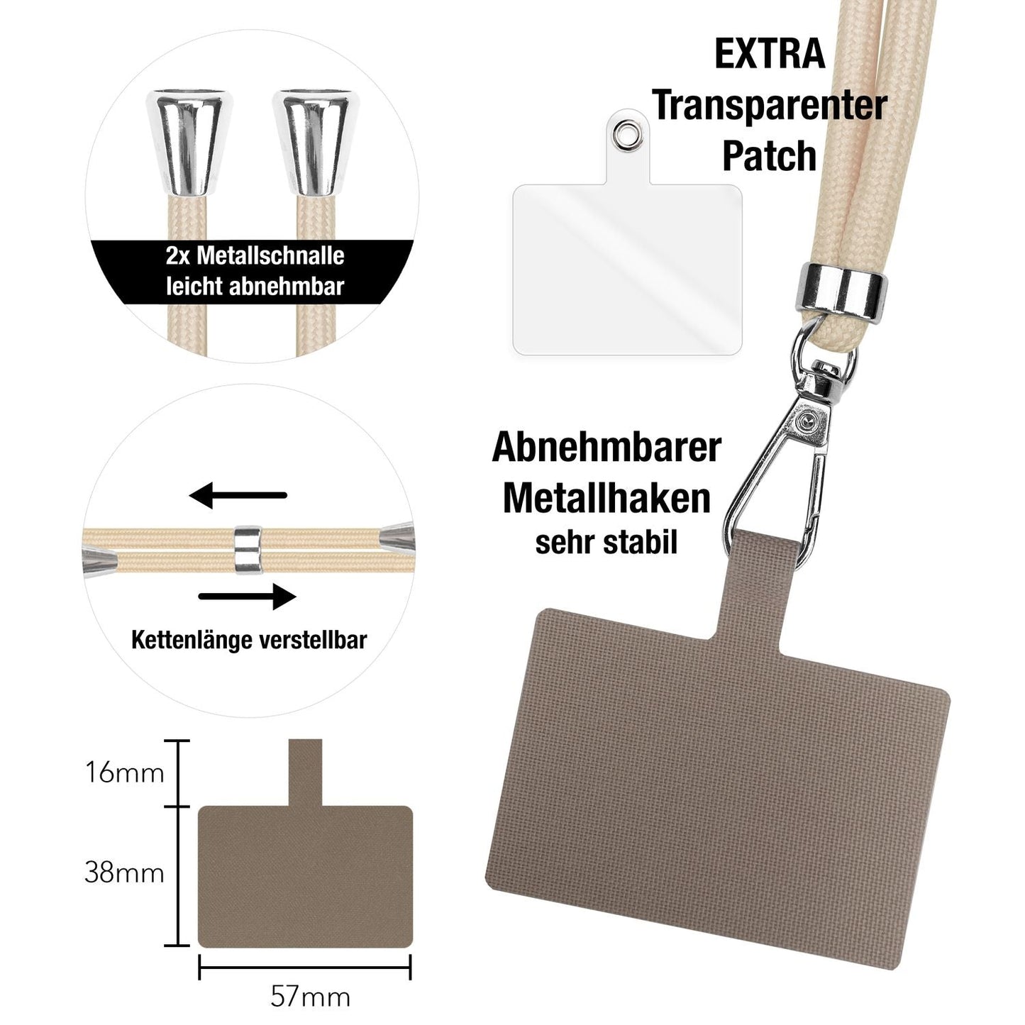 NALIA Universal Handykette für alle Smartphones – Robuste Kordel & 2 Patches – HOLDME AIR (Klassisches Lanyard mit Silbernem Karabiner) – Marke aus Berlin