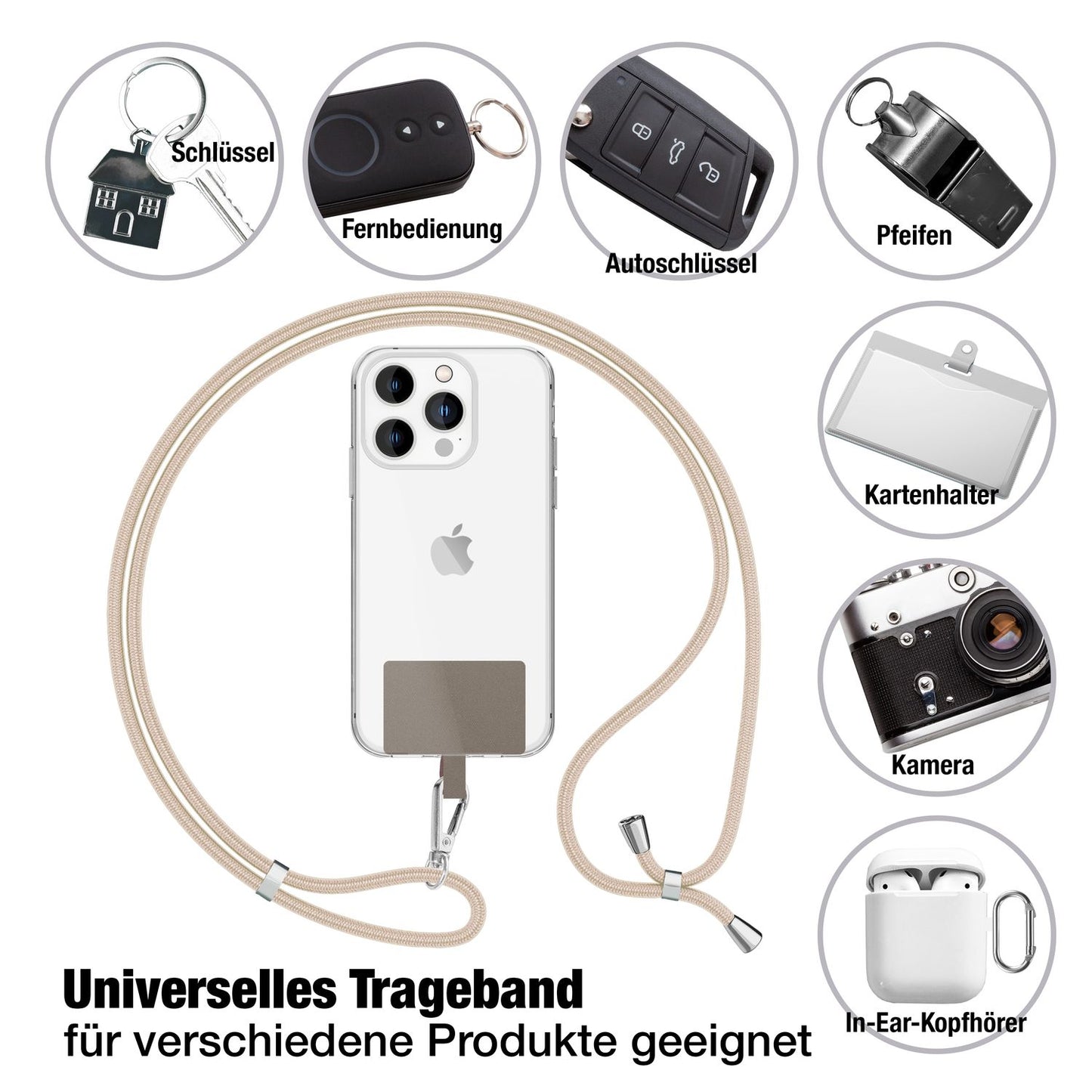 NALIA Universal Handykette für alle Smartphones – Robuste Kordel & 2 Patches – HOLDME AIR (Klassisches Lanyard mit Silbernem Karabiner) – Marke aus Berlin