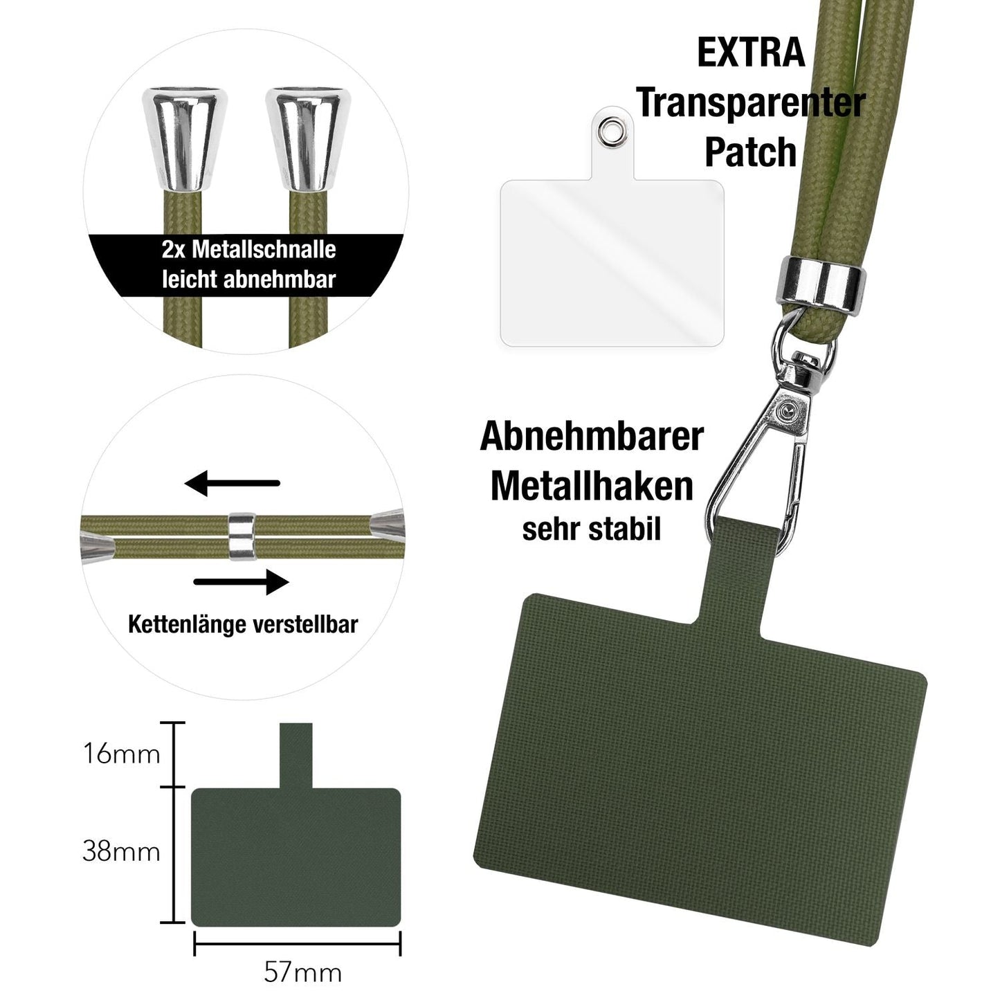 NALIA Universal Handykette für alle Smartphones – Robuste Kordel & 2 Patches – HOLDME AIR (Klassisches Lanyard mit Silbernem Karabiner) – Marke aus Berlin
