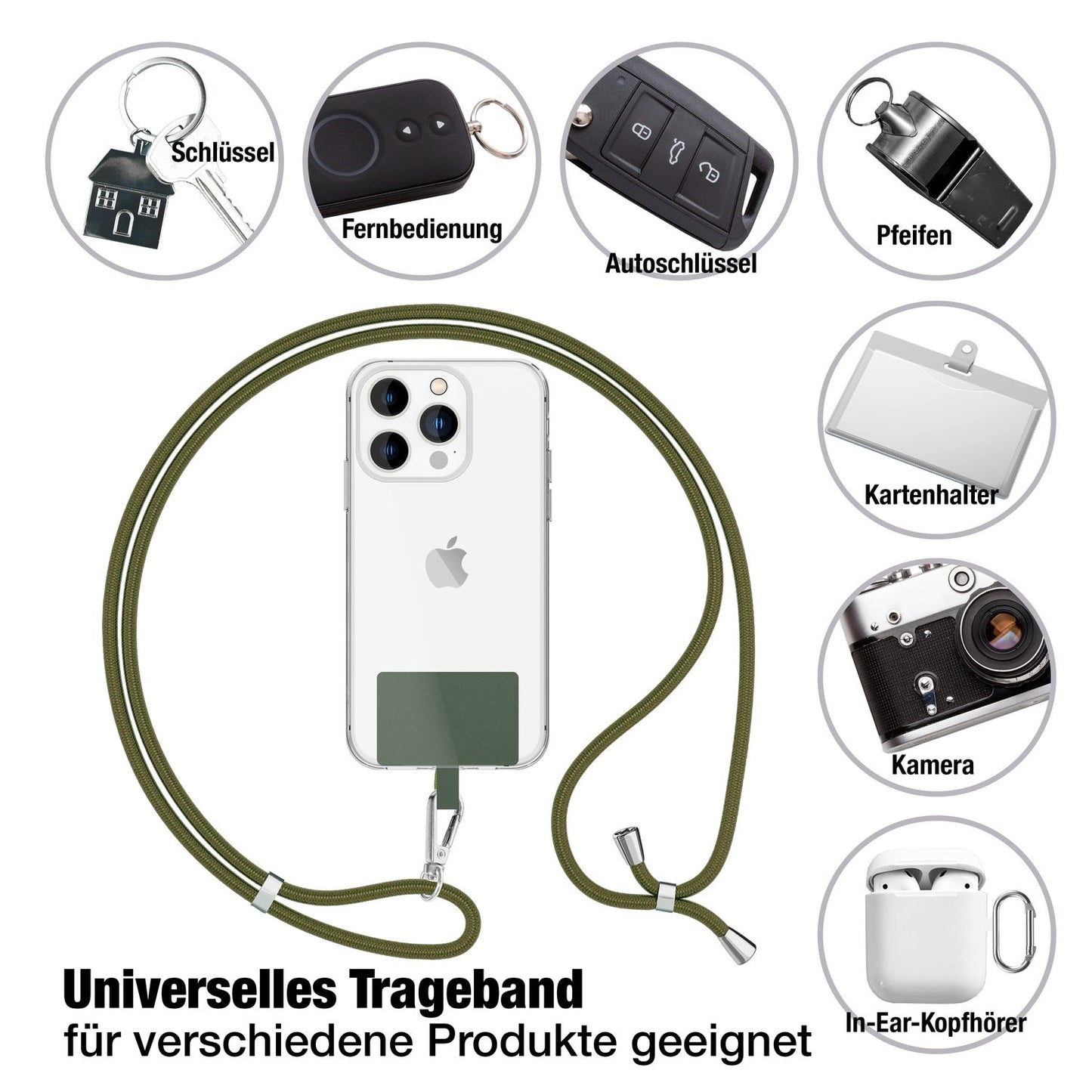 NALIA Universal Handykette für alle Smartphones – Robuste Kordel & 2 Patches – HOLDME AIR (Klassisches Lanyard mit Silbernem Karabiner) – Marke aus Berlin