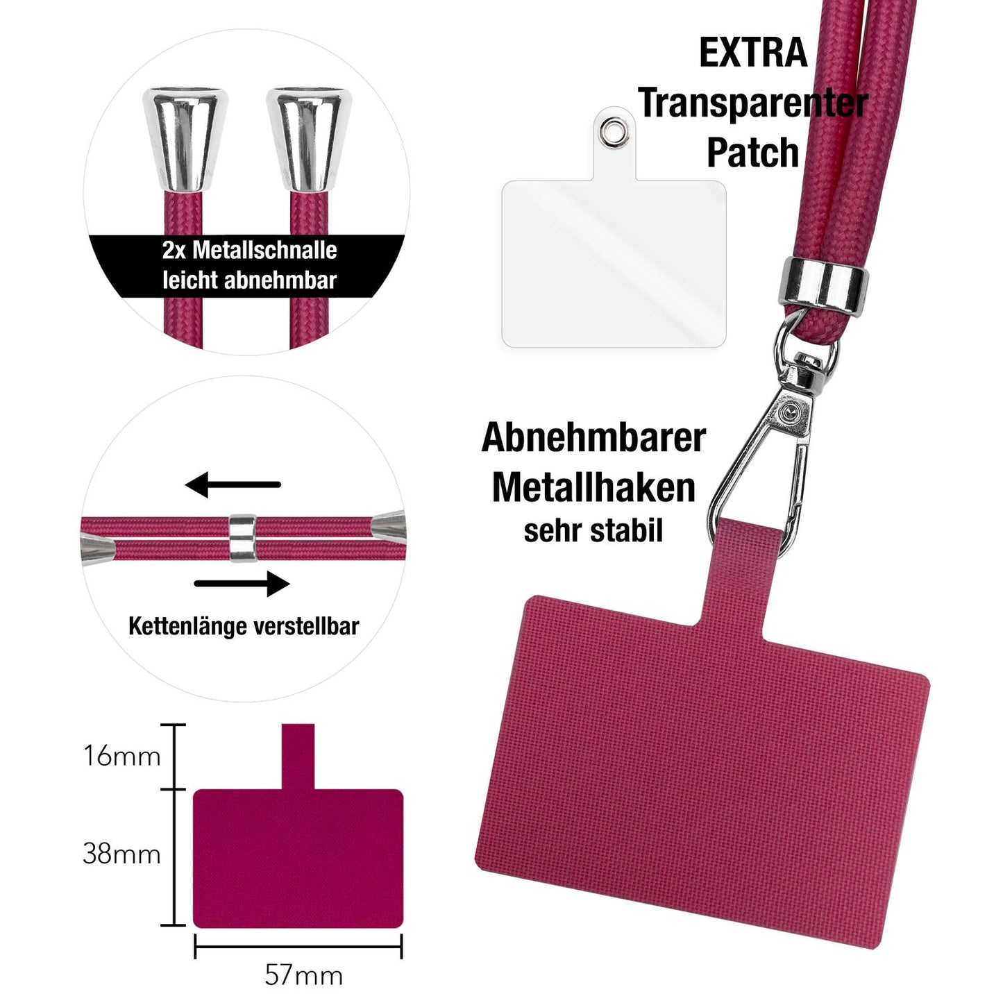 NALIA Universal Handykette für alle Smartphones – Robuste Kordel & 2 Patches – HOLDME AIR (Klassisches Lanyard mit Silbernem Karabiner) – Marke aus Berlin