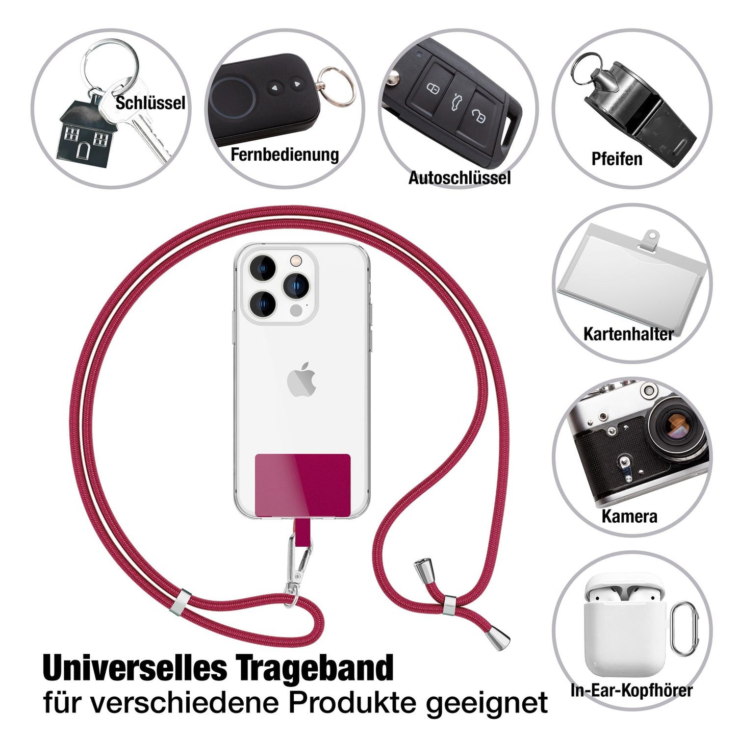 NALIA Universal Handykette für alle Smartphones – Robuste Kordel & 2 Patches – HOLDME AIR (Klassisches Lanyard mit Silbernem Karabiner) – Marke aus Berlin