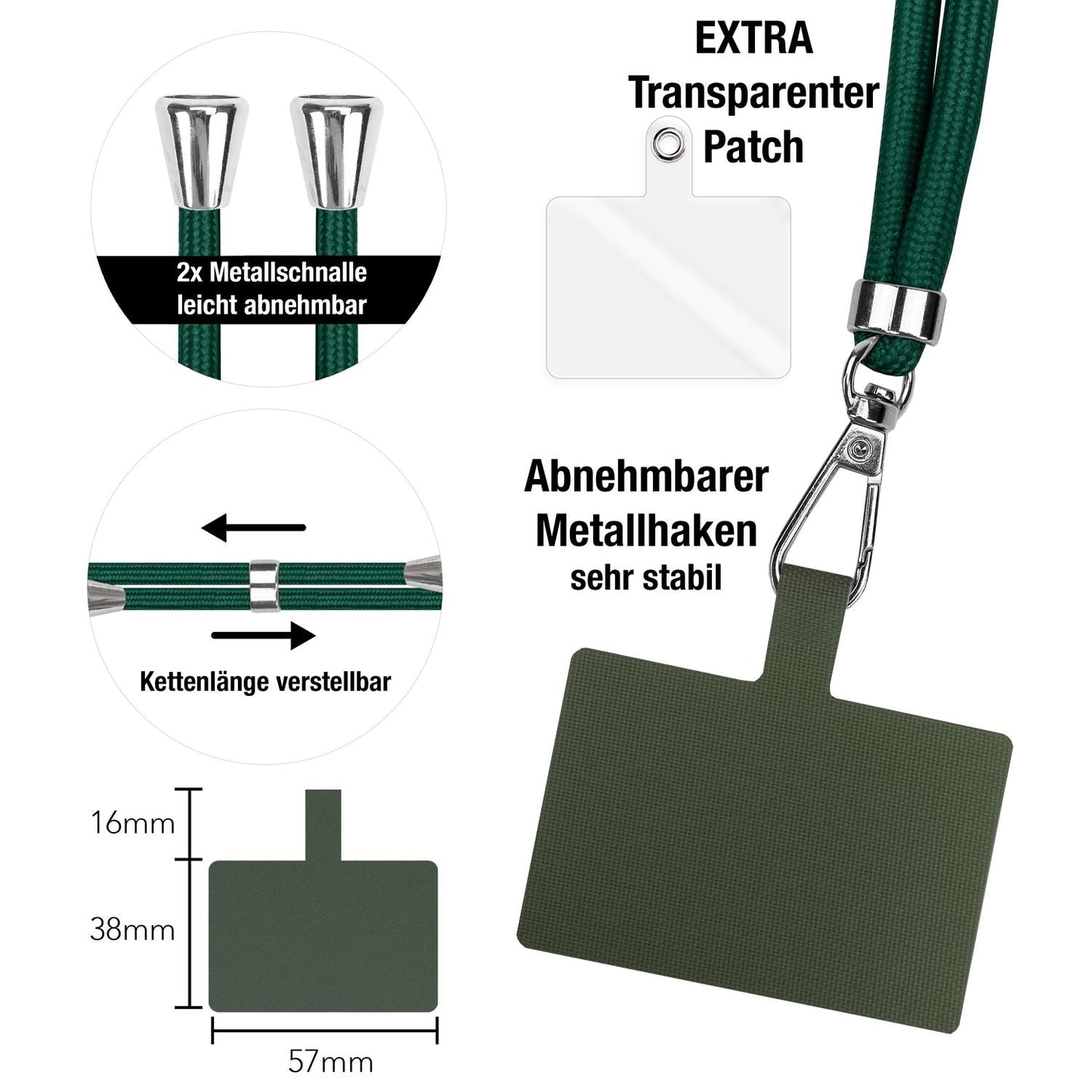 NALIA Universal Handykette für alle Smartphones – Robuste Kordel & 2 Patches – HOLDME AIR (Klassisches Lanyard mit Silbernem Karabiner) – Marke aus Berlin