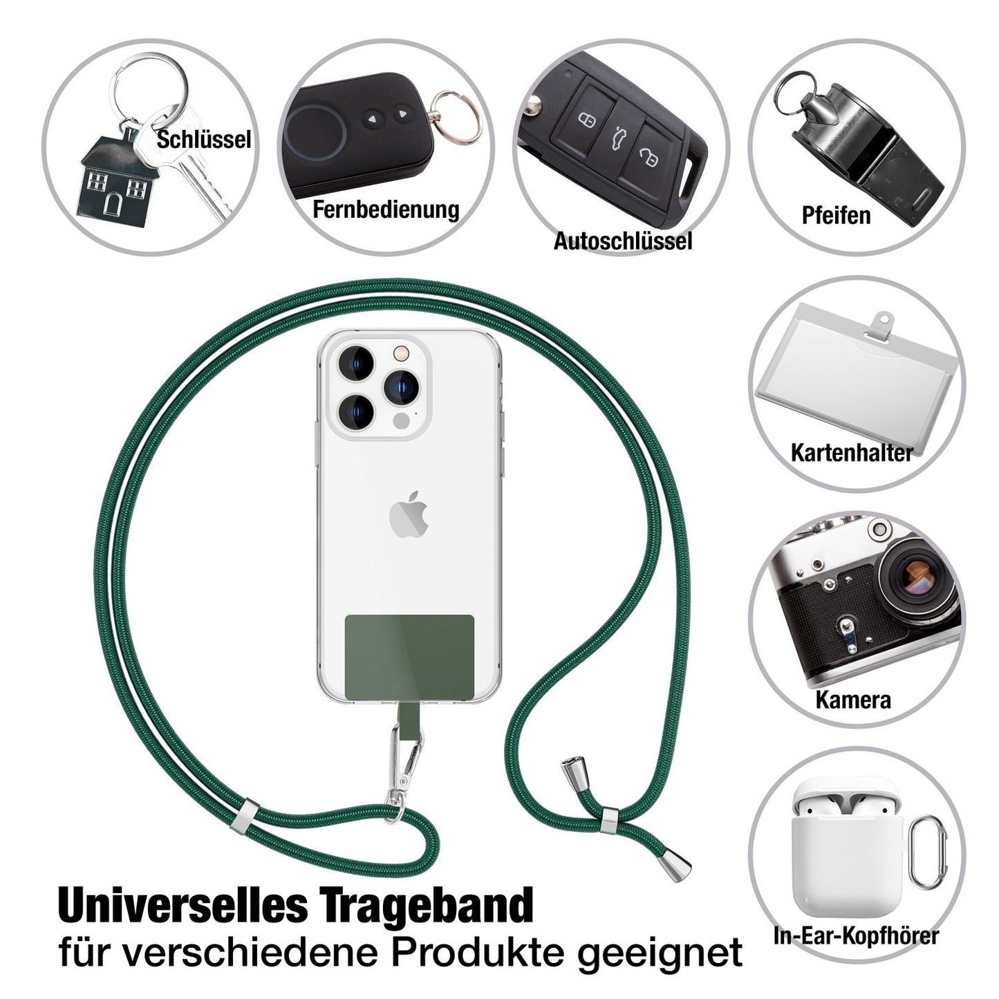 NALIA Universal Handykette für alle Smartphones – Robuste Kordel & 2 Patches – HOLDME AIR (Klassisches Lanyard mit Silbernem Karabiner) – Marke aus Berlin