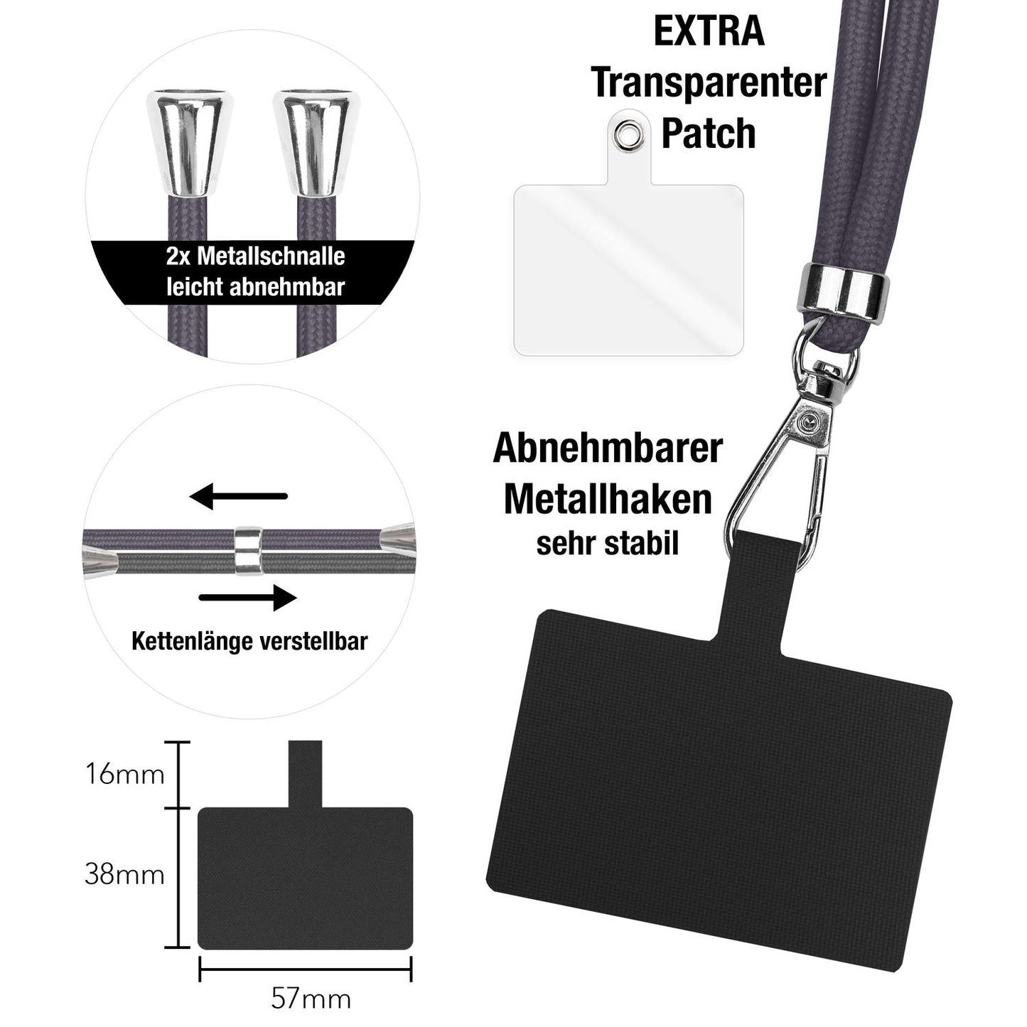 NALIA Universal Handykette für alle Smartphones – Robuste Kordel & 2 Patches – HOLDME AIR (Klassisches Lanyard mit Silbernem Karabiner) – Marke aus Berlin