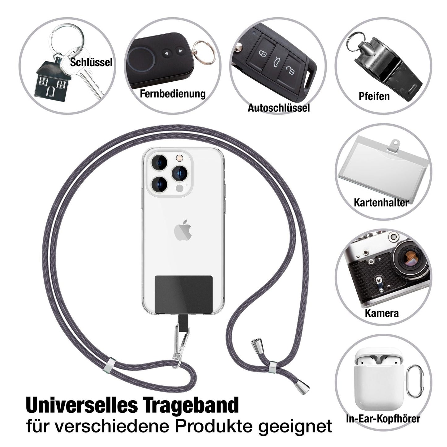 NALIA Universal Handykette für alle Smartphones – Robuste Kordel & 2 Patches – HOLDME AIR (Klassisches Lanyard mit Silbernem Karabiner) – Marke aus Berlin