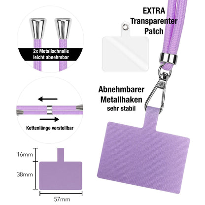 NALIA Universal Handykette für alle Smartphones – Robuste Kordel & 2 Patches – HOLDME AIR (Klassisches Lanyard mit Silbernem Karabiner) – Marke aus Berlin