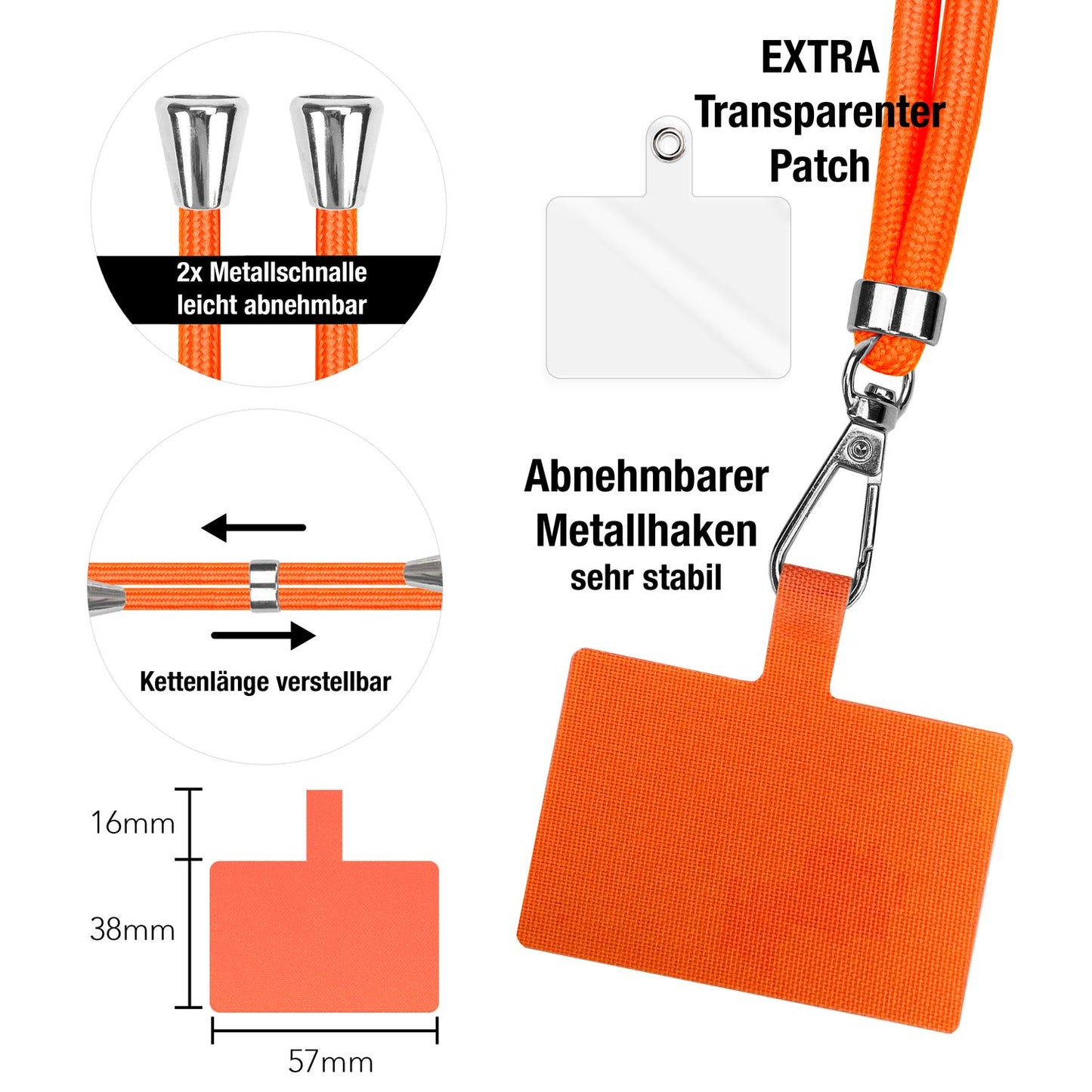NALIA Universal Handykette für alle Smartphones – Robuste Kordel & 2 Patches – HOLDME AIR (Klassisches Lanyard mit Silbernem Karabiner) – Marke aus Berlin