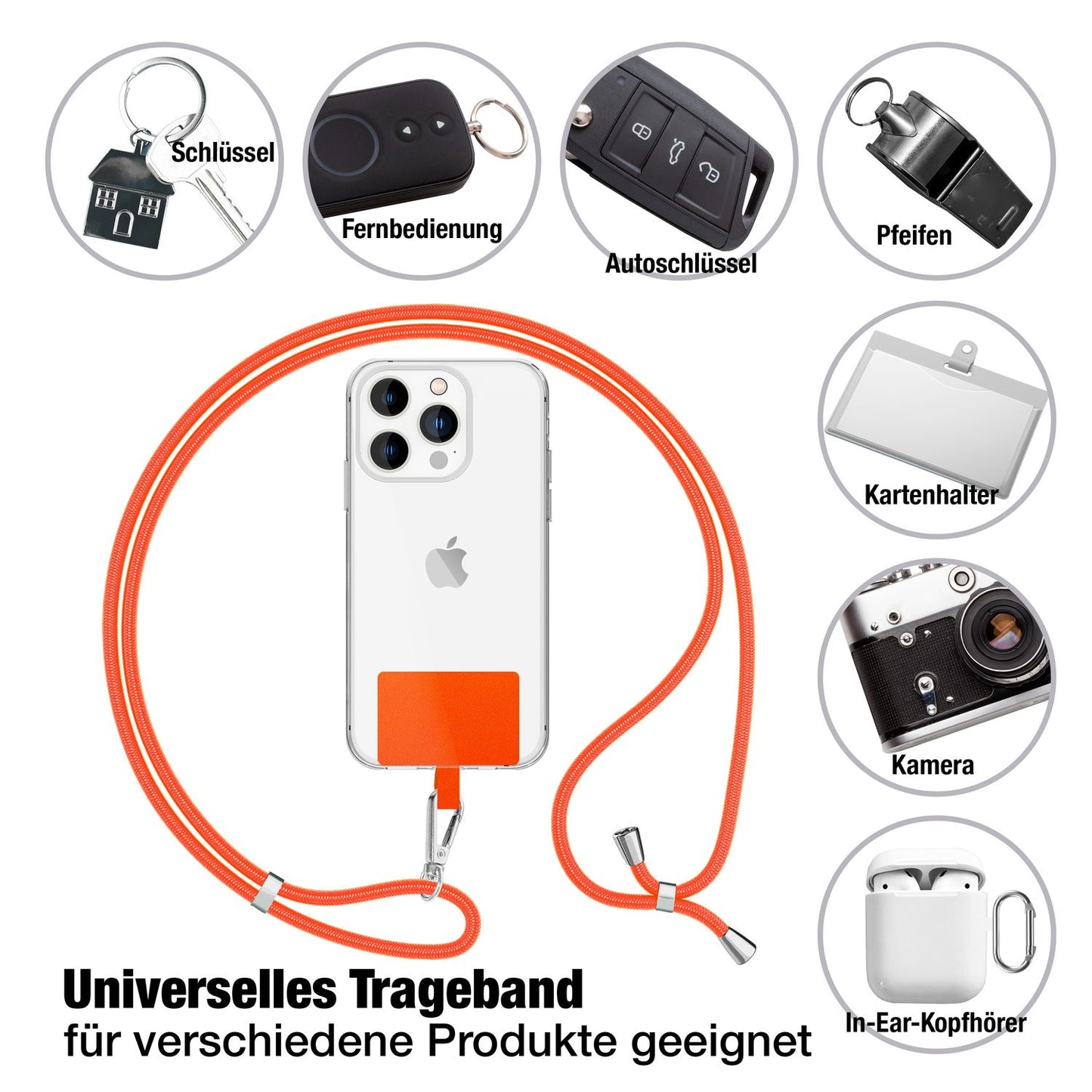 NALIA Universal Handykette für alle Smartphones – Robuste Kordel & 2 Patches – HOLDME AIR (Klassisches Lanyard mit Silbernem Karabiner) – Marke aus Berlin
