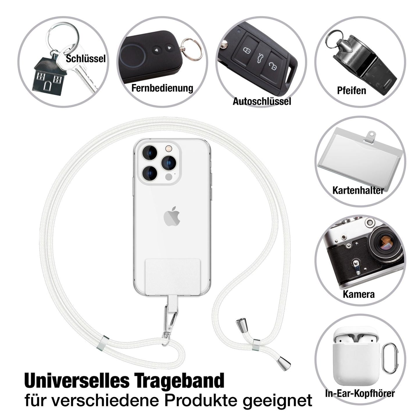 NALIA Universal Handykette für alle Smartphones – Robuste Kordel & 2 Patches – HOLDME AIR (Klassisches Lanyard mit Silbernem Karabiner) – Marke aus Berlin