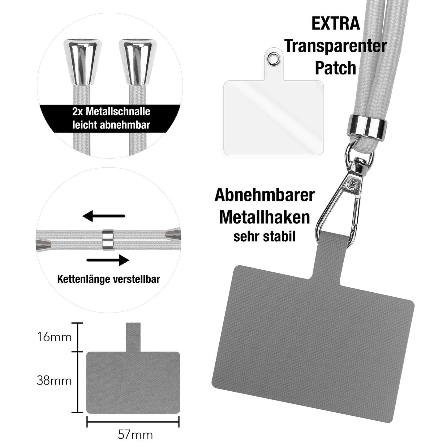 NALIA Universal Handykette für alle Smartphones – Robuste Kordel & 2 Patches – HOLDME AIR (Klassisches Lanyard mit Silbernem Karabiner) – Marke aus Berlin