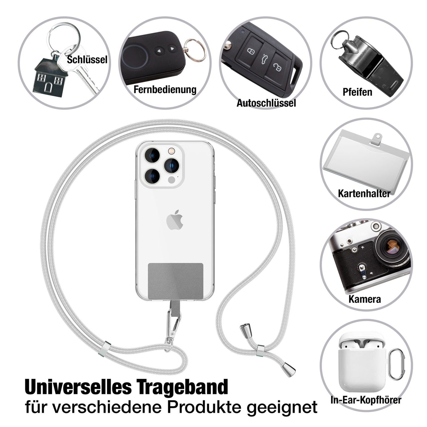 NALIA Universal Handykette für alle Smartphones – Robuste Kordel & 2 Patches – HOLDME AIR (Klassisches Lanyard mit Silbernem Karabiner) – Marke aus Berlin