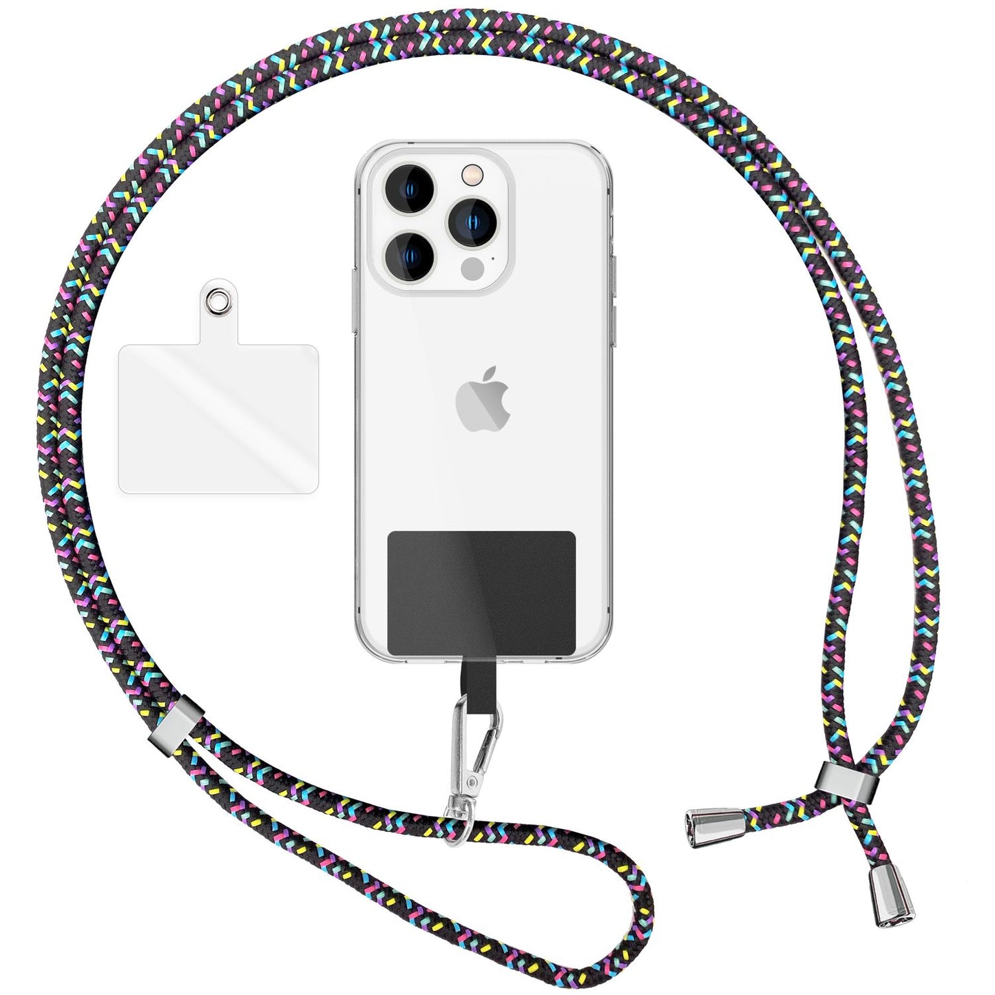 NALIA Bunte Universal-Kette mit Pad, Band für Handy-Hülle zum Umhängen, Karabinerhaken Anhänger Metall, Schlüsselband Umhängeband 160 CM, Crossbody Lanyard mit Schlaufe