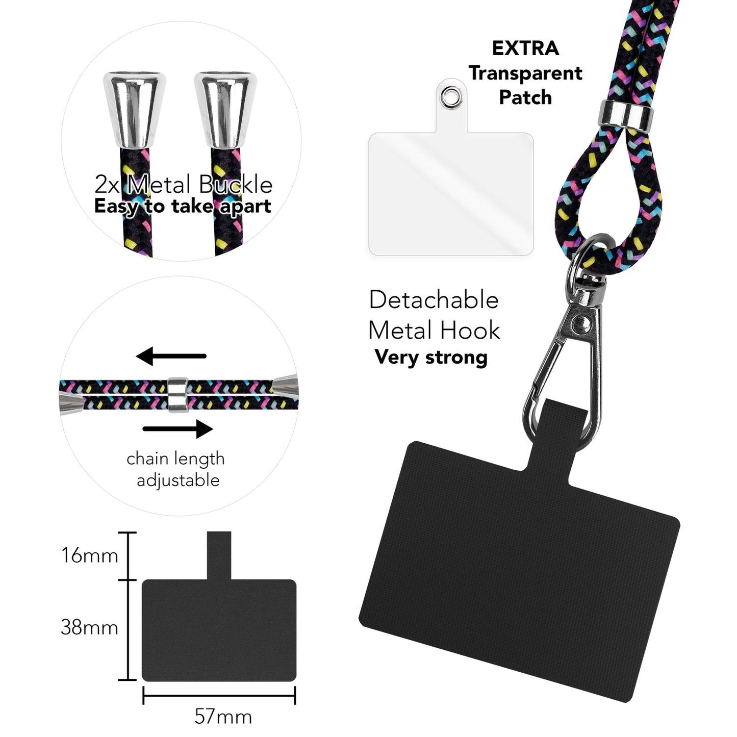 NALIA Bunte Universal-Kette mit Pad, Band für Handy-Hülle zum Umhängen, Karabinerhaken Anhänger Metall, Schlüsselband Umhängeband 160 CM, Crossbody Lanyard mit Schlaufe