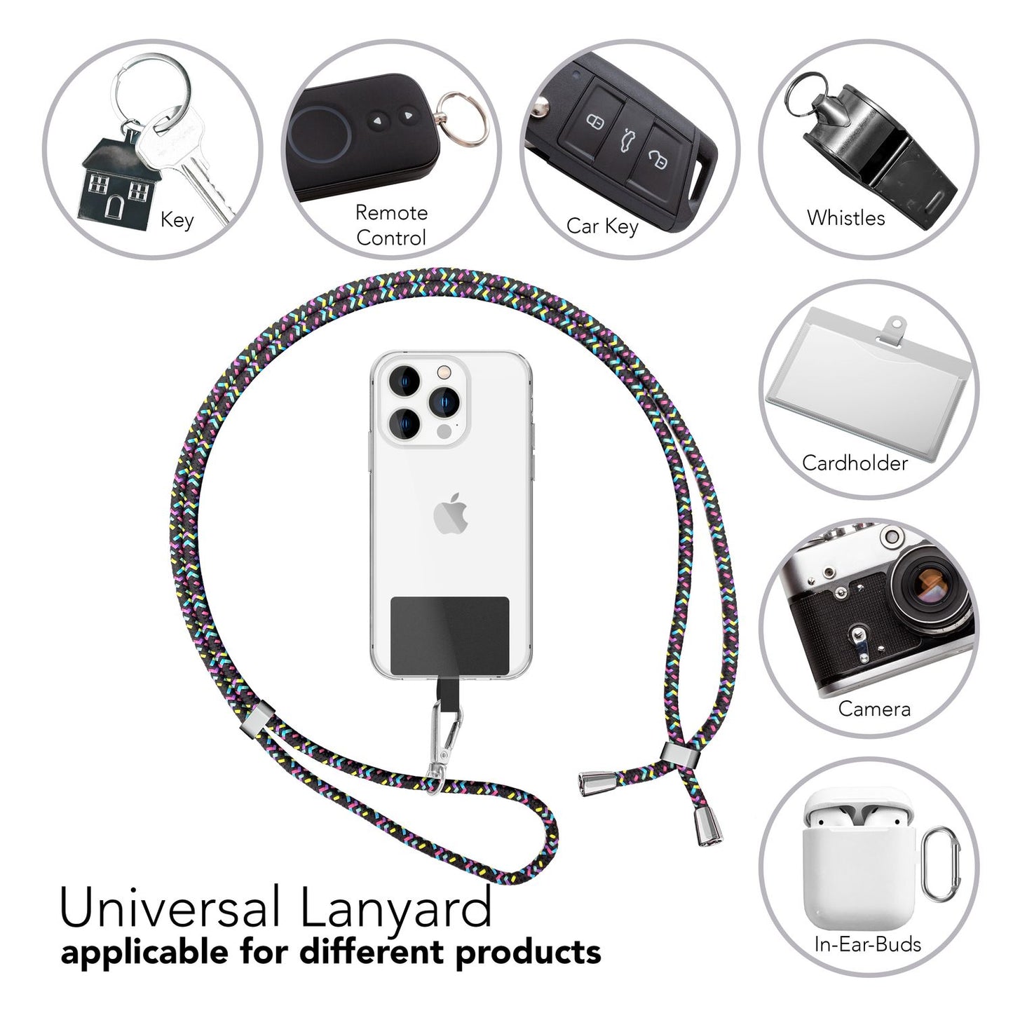 NALIA Bunte Universal-Kette mit Pad, Band für Handy-Hülle zum Umhängen, Karabinerhaken Anhänger Metall, Schlüsselband Umhängeband 160 CM, Crossbody Lanyard mit Schlaufe