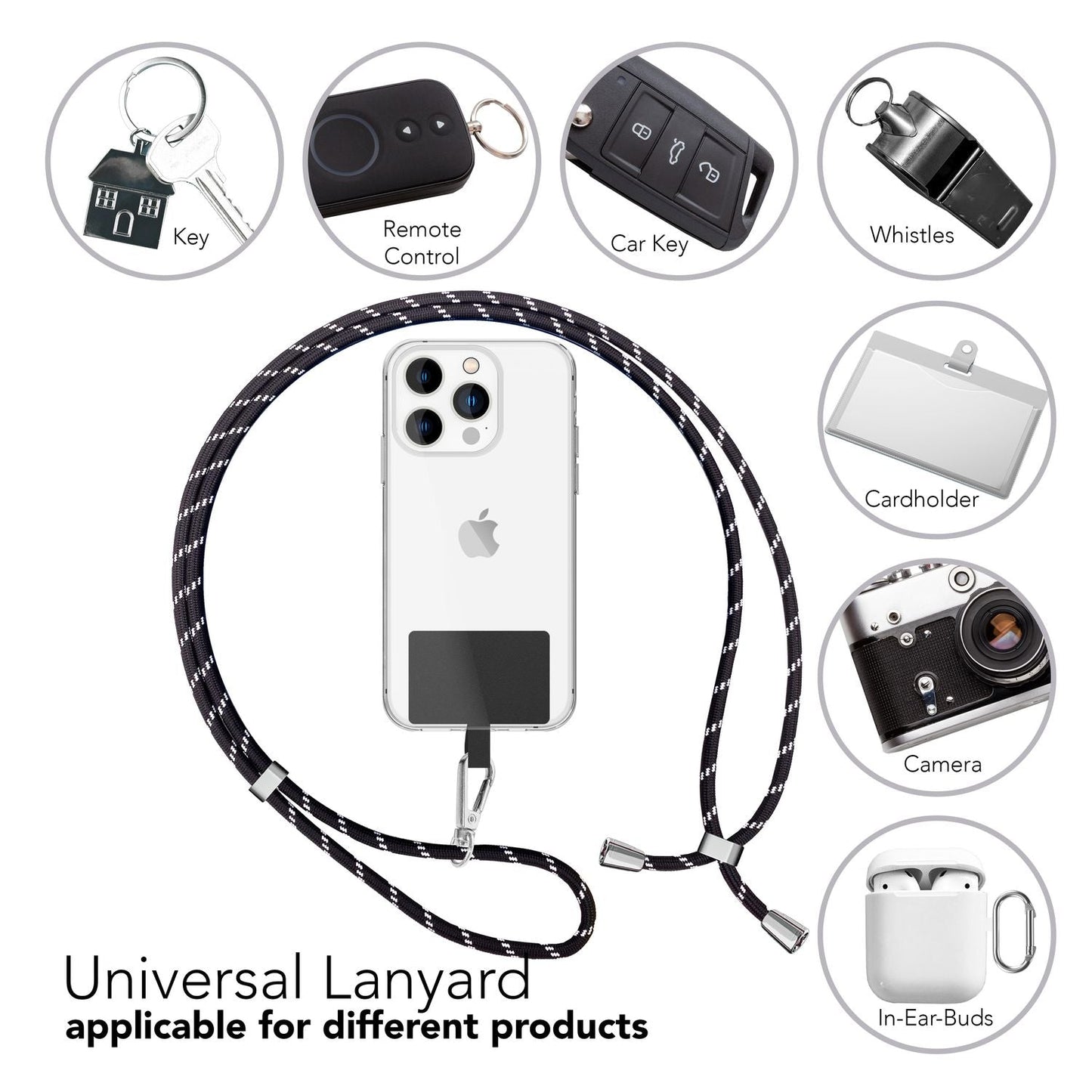 NALIA Bunte Universal-Kette mit Pad, Band für Handy-Hülle zum Umhängen, Karabinerhaken Anhänger Metall, Schlüsselband Umhängeband 160 CM, Crossbody Lanyard mit Schlaufe