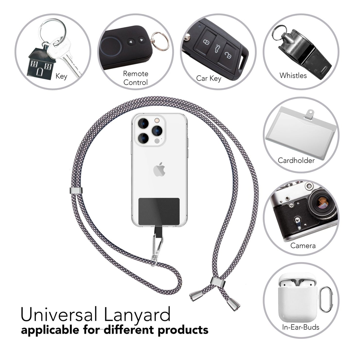 NALIA Bunte Universal-Kette mit Pad, Band für Handy-Hülle zum Umhängen, Karabinerhaken Anhänger Metall, Schlüsselband Umhängeband 160 CM, Crossbody Lanyard mit Schlaufe